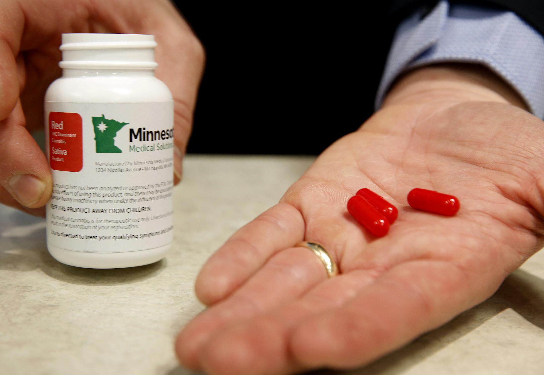 An example of how to THC dominant cannabis pills will look like from Minnesota Medical Solutions during a press conference at the Minnesota Department of Health in St. Paul on Monday, December 1, 2014. ] LEILA NAVIDI leila.navidi@startribune.com /