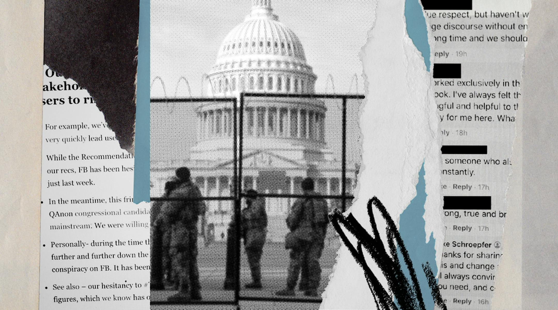 A photo illustration shows a razor wire fence constructed around the U.S. Capitol following the Jan. 6, riot by supporters of former President Donald Trump, with Facebook internal documnents and social media comments. Company documents at Facebook show that the social networkÕs employees repeatedly raised red flags about the spread of misinformation and conspiracies before and after the contested November vote. (Illustration by Mell Haasch/ The New York Times; photograph by Anna Moneymaker/The New York Times)ÑFOR EDITORIAL USE ONLY WITH NYT STORY FACEBOOK MISINFORMATION BY RYAN MAC AND SHEERA FRENKEL FOR OCT. 22, 2021. ALL OTHER USE PROHIBITED. —