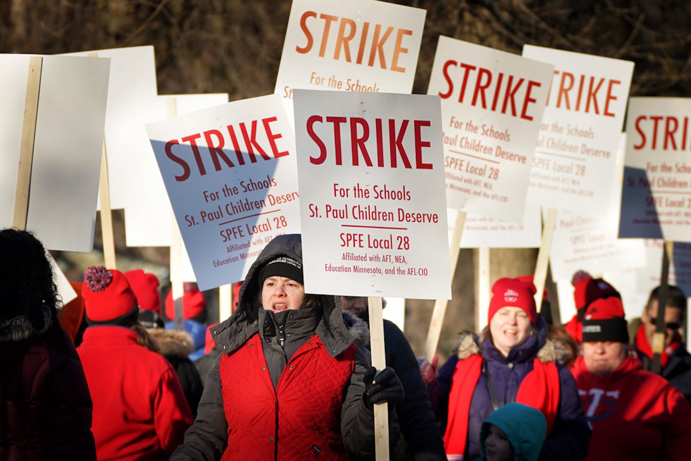 Teachers belonging to St. Paul Federation of Educators Local 28 picketed Tuesday morning outside Adams Elementary in St. Paul. It is a Spanish immersion school.