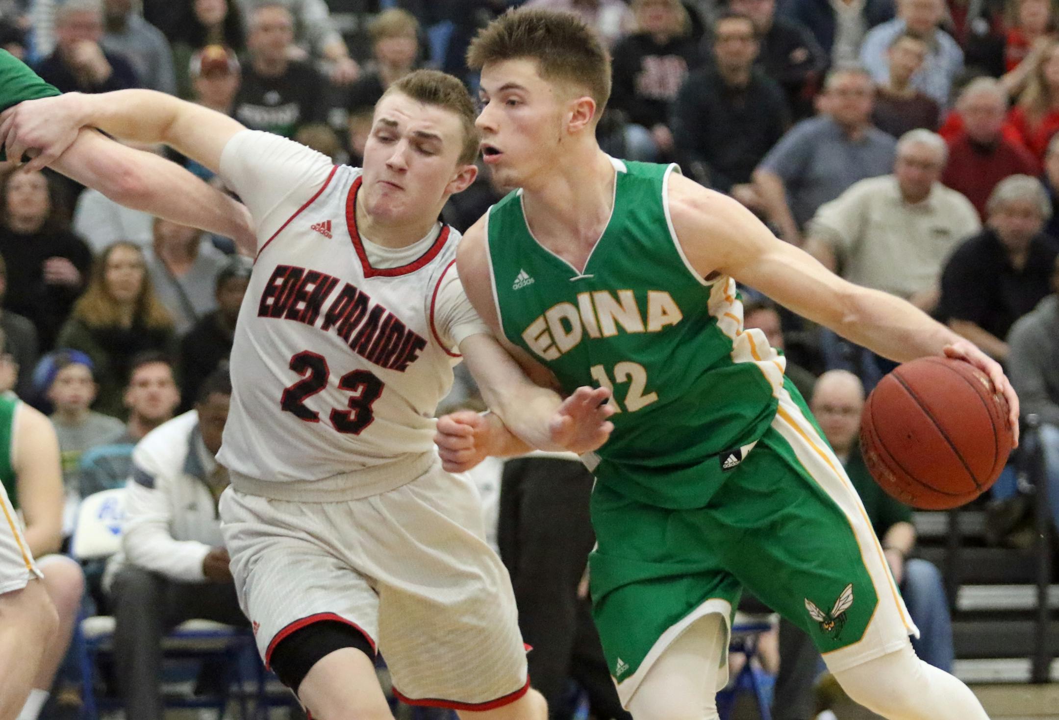 Edina's Walt McGrory drove with the ball in a Class 4A, Section 2 playoff game against Eden Prairie on March 4, 2016. The 6-3 senior scored 61 points to lead Edina to victories over Shakopee and Hopkins last week.