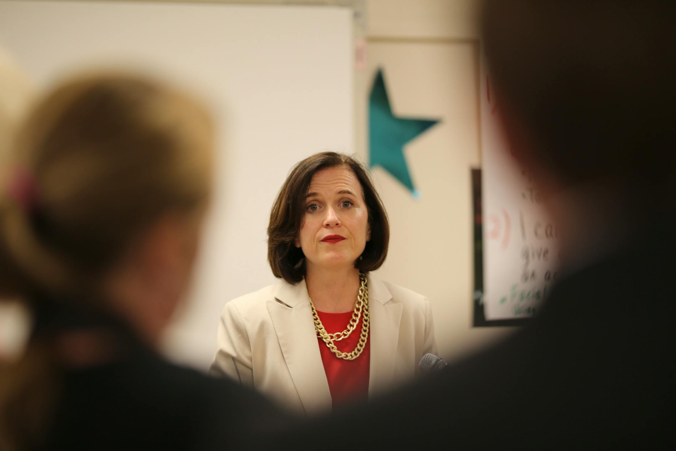 Before a community meeting to discuss the Southwest Light Rail project July 8, 2014, Mayor Betsy Hodges spoke at a news conference about the deal that was announced today between Minneapolis and the Met Council.
