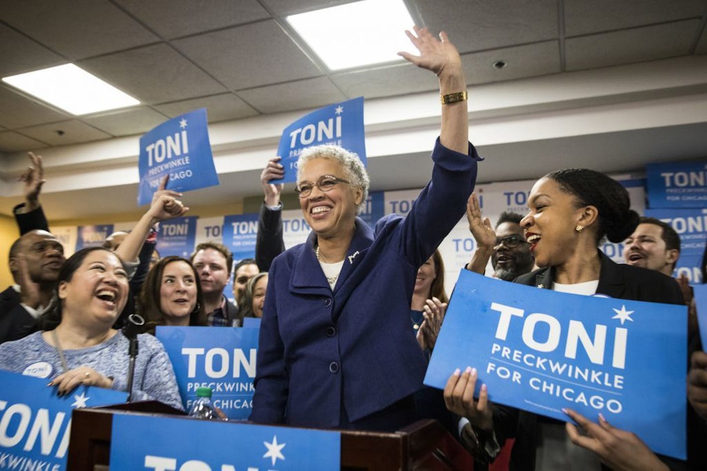 Chicago mayoral candidate Toni Preckwinkle speaks at her election night event in Chicago on Tuesday, Feb. 26, 2019. Cook County Board President Preckwinkle will face former federal prosecutor Lori Lightfoot in a runoff to become Chicago's next mayor. The race will guarantee the nation's third-largest city will be led the next four years by an African-American woman.