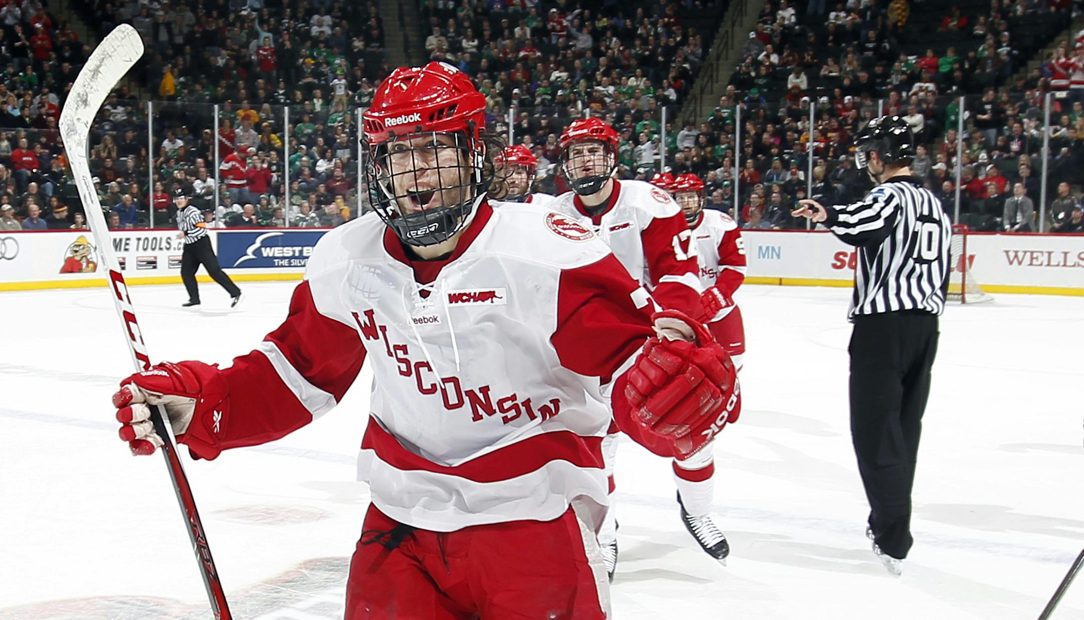 Tyler Barnes, who scored four goals in the WCHA Final Five, celebrated after connecting in the first period Saturday night.