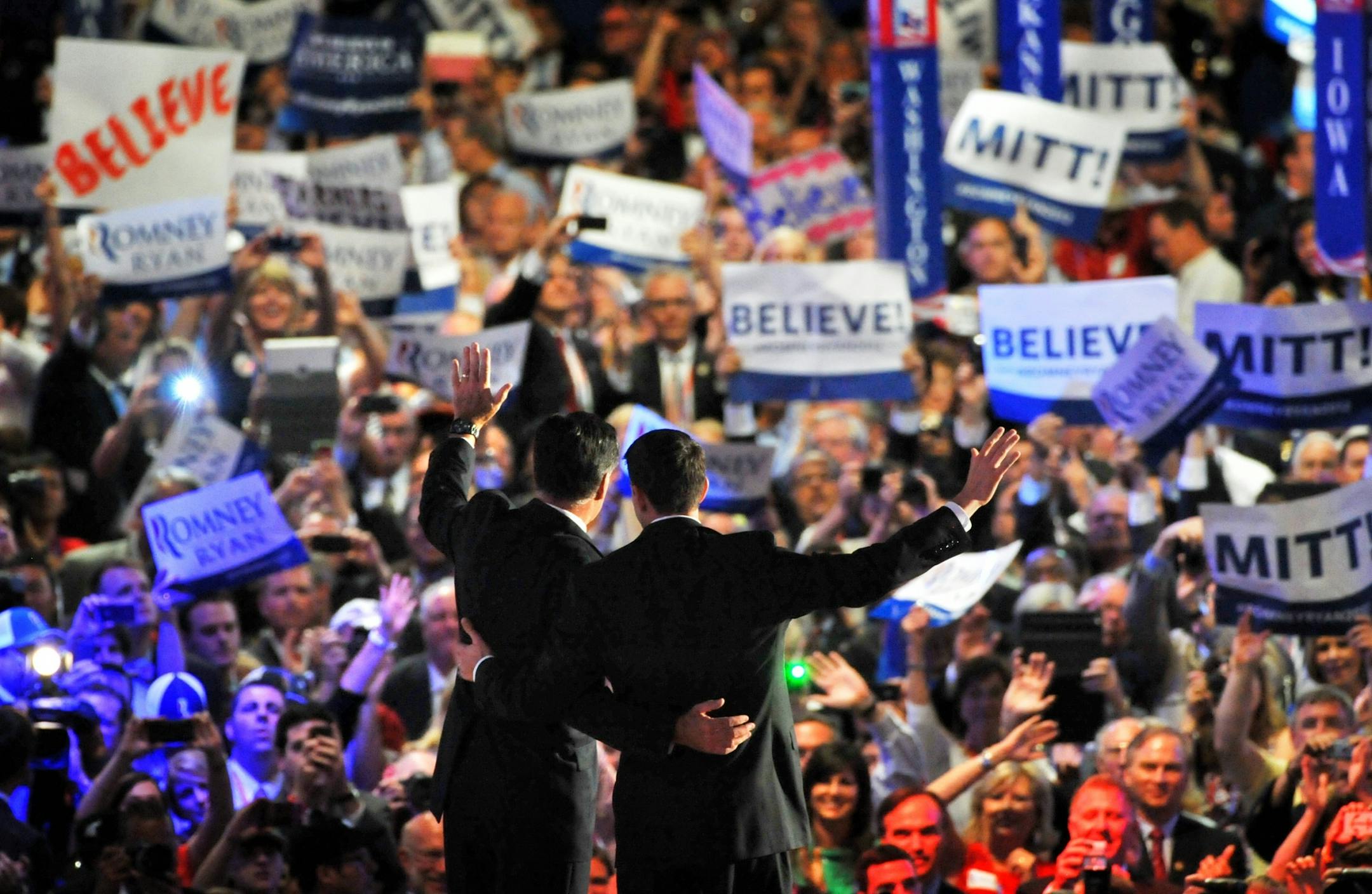FILE -- Mitt Romney spoke at the Republican National Convention on the final night and was joined by Paul Ryan and family members, Thursday, August 30, 2012.