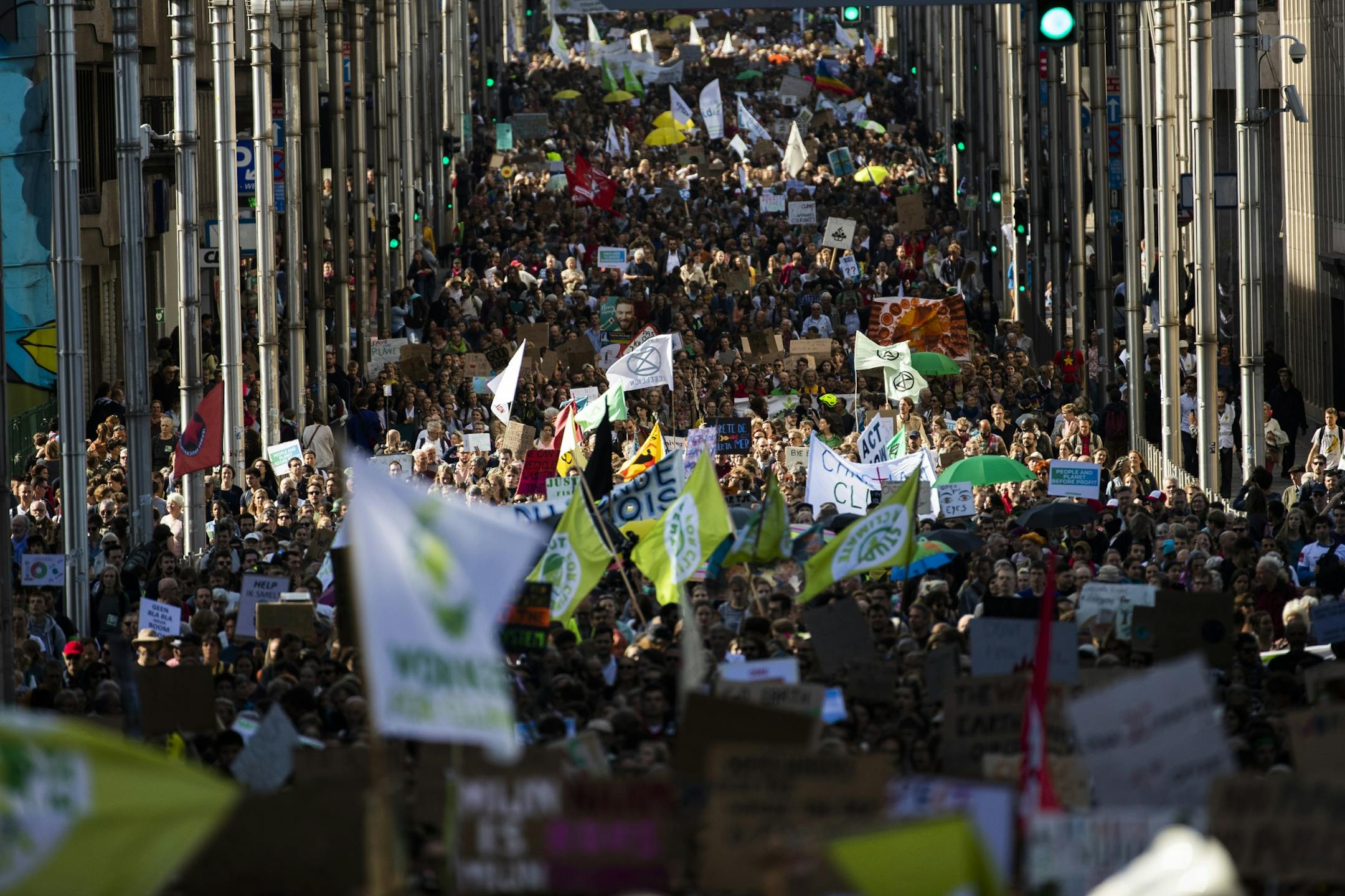 Thousands crowd main De la Loi street as they march during a climate protest in Brussels, Friday, Sept. 20, 2019. In Canberra and Kabul, Cape Town and Berlin, and across the globe, hundreds of thousands of people took the streets Friday to demand that leaders tackle climate change in the run-up to a U.N. summit.