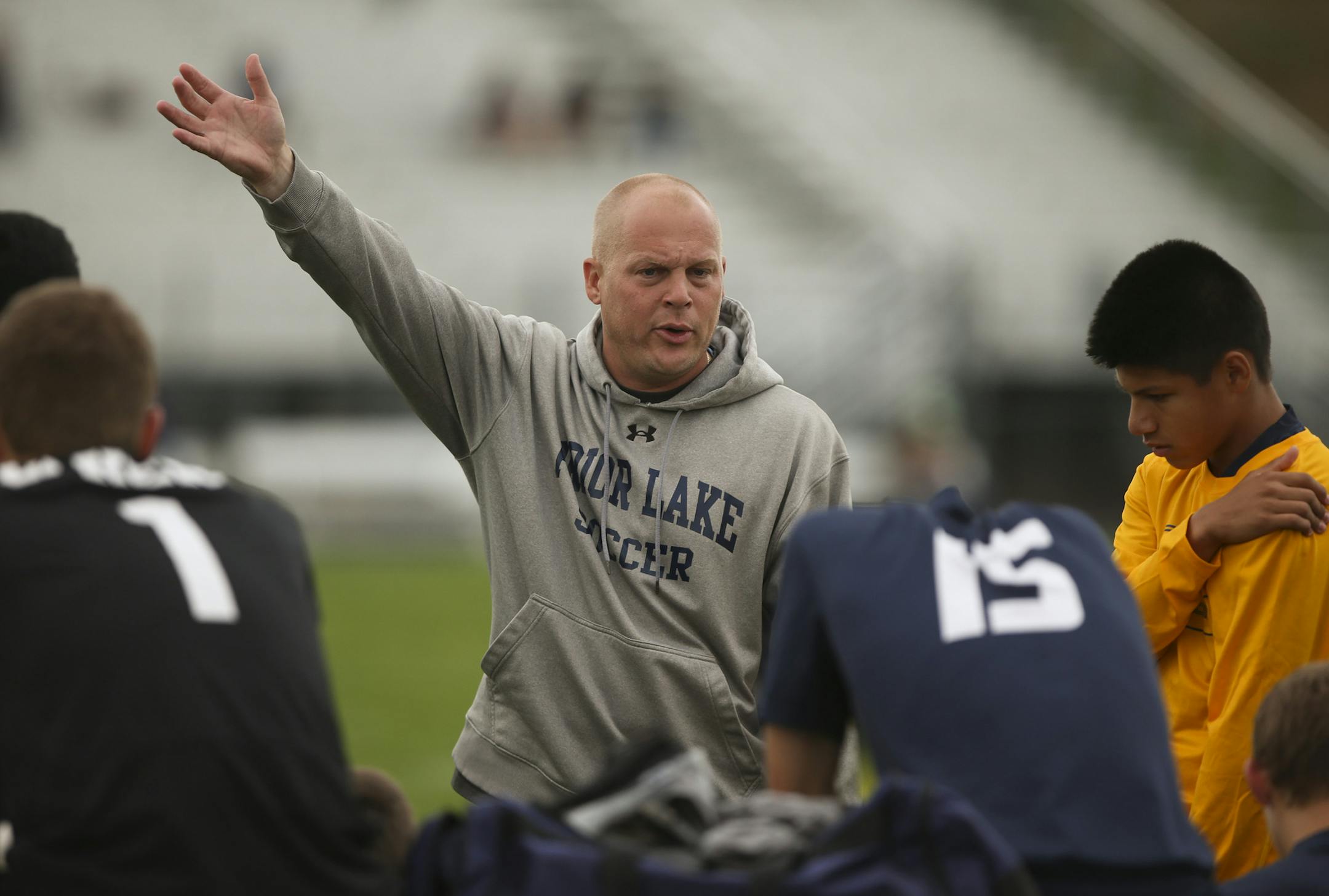Prior Lake head coach Mike Shebuski talked to his team at halftime with the score against Shakopee tied 0-0 Tuesday evening at West Junior High School in Shakopee. ] JEFF WHEELER ‚Ä¢ jeff.wheeler@startribune.com The Prior Lake boy's soccer team lost 1-0 to Shakopee Tuesday evening, September 23, 2014 at West Junior High School in Shakopee.