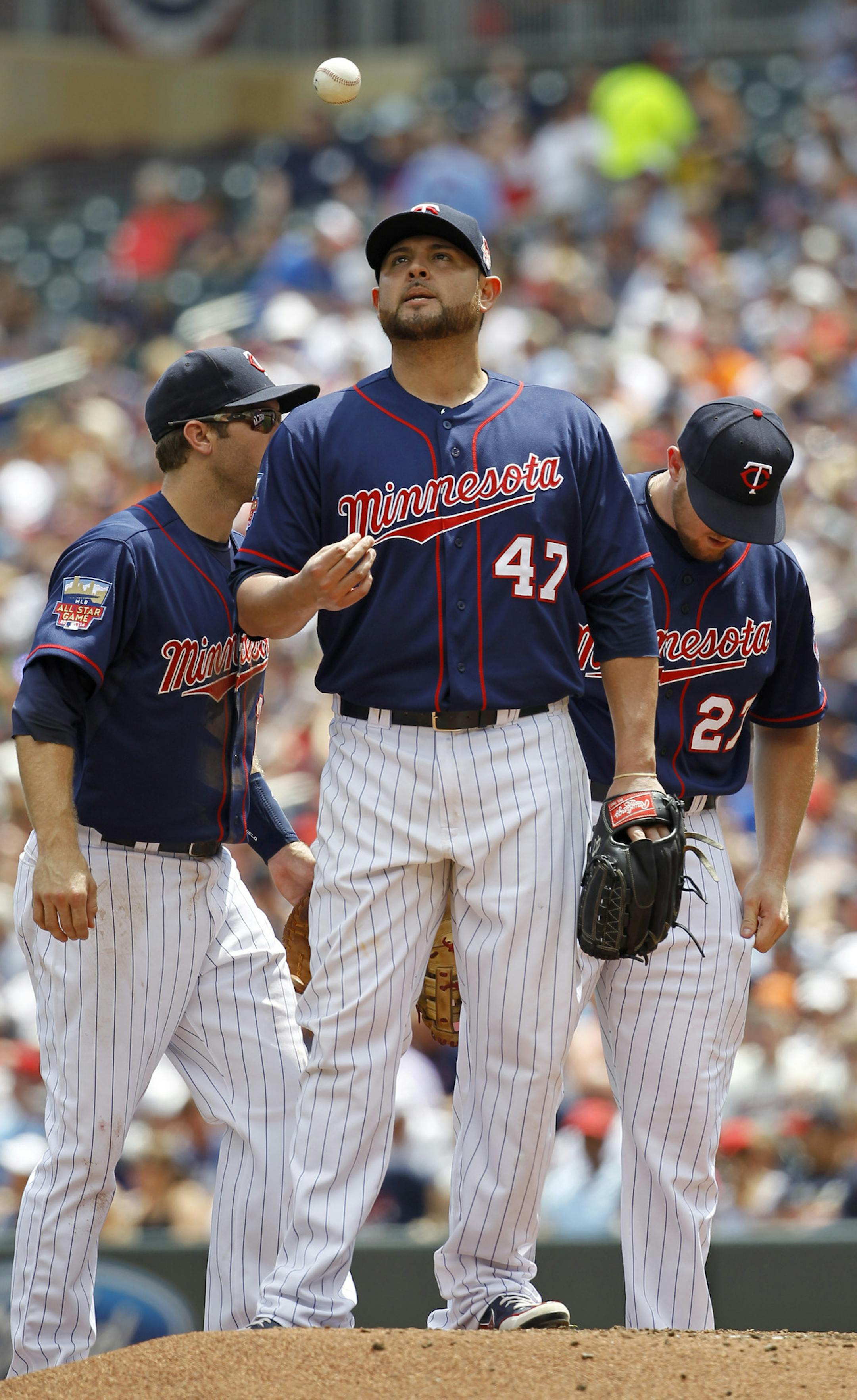 Minnesota Twins starting pitcher Ricky Nolasco (47) tosses a ball after giving up a single to New York Yankees' Kelly Johnson to load the bases during the second inning of a baseball game in Minneapolis, Sunday, July 6, 2014. (AP Photo/Ann Heisenfelt)