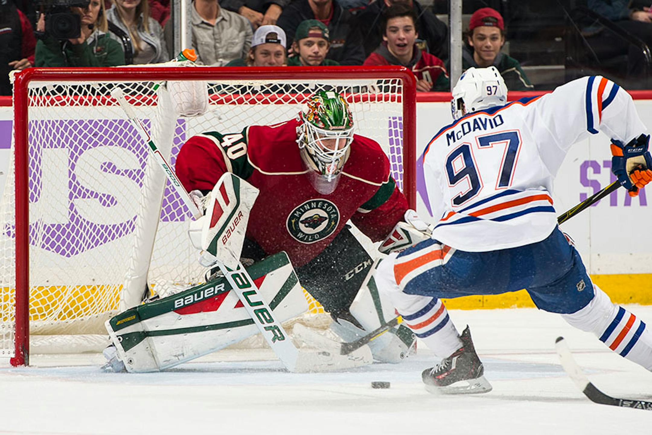 Edmonton Oilers center Connor McDavid (97) was unable to score on Minnesota Wild goalie Devan Dubnyk (40) during a breakaway in the third period.