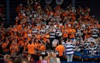 The combined Hopkins and Farmington bands played several tunes together at the end of the Hopkins vs. Stillwater game.