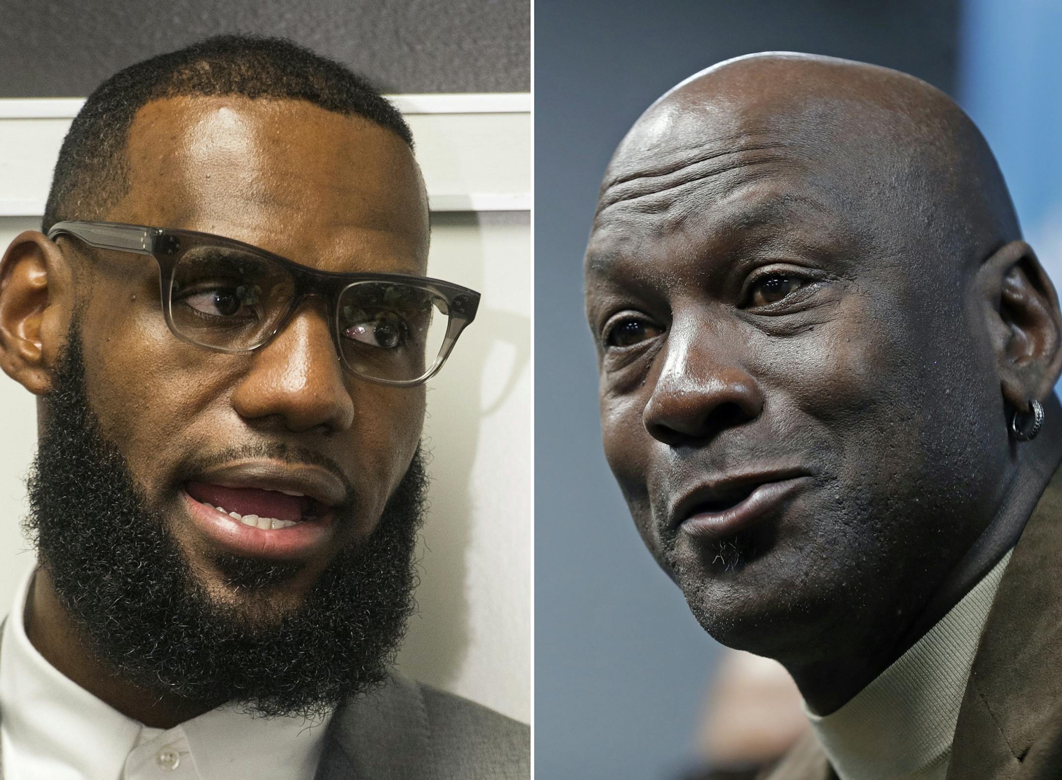 FILE - At left, in a July 30, 2018, file photo, LeBron James speaks at a news conference after the opening ceremony for the I Promise School in Akron, Ohio. At right, in a Feb. 12, 2019, file photo, Charlotte Hornets owner Michael Jordan speaks to the media about hosting the NBA All-Star basketball game during a news conference in Charlotte, N.C. LeBron James is finally going to pass Michael Jordan. In scoring, at least. While the debate will rage forever about which player is better, James will