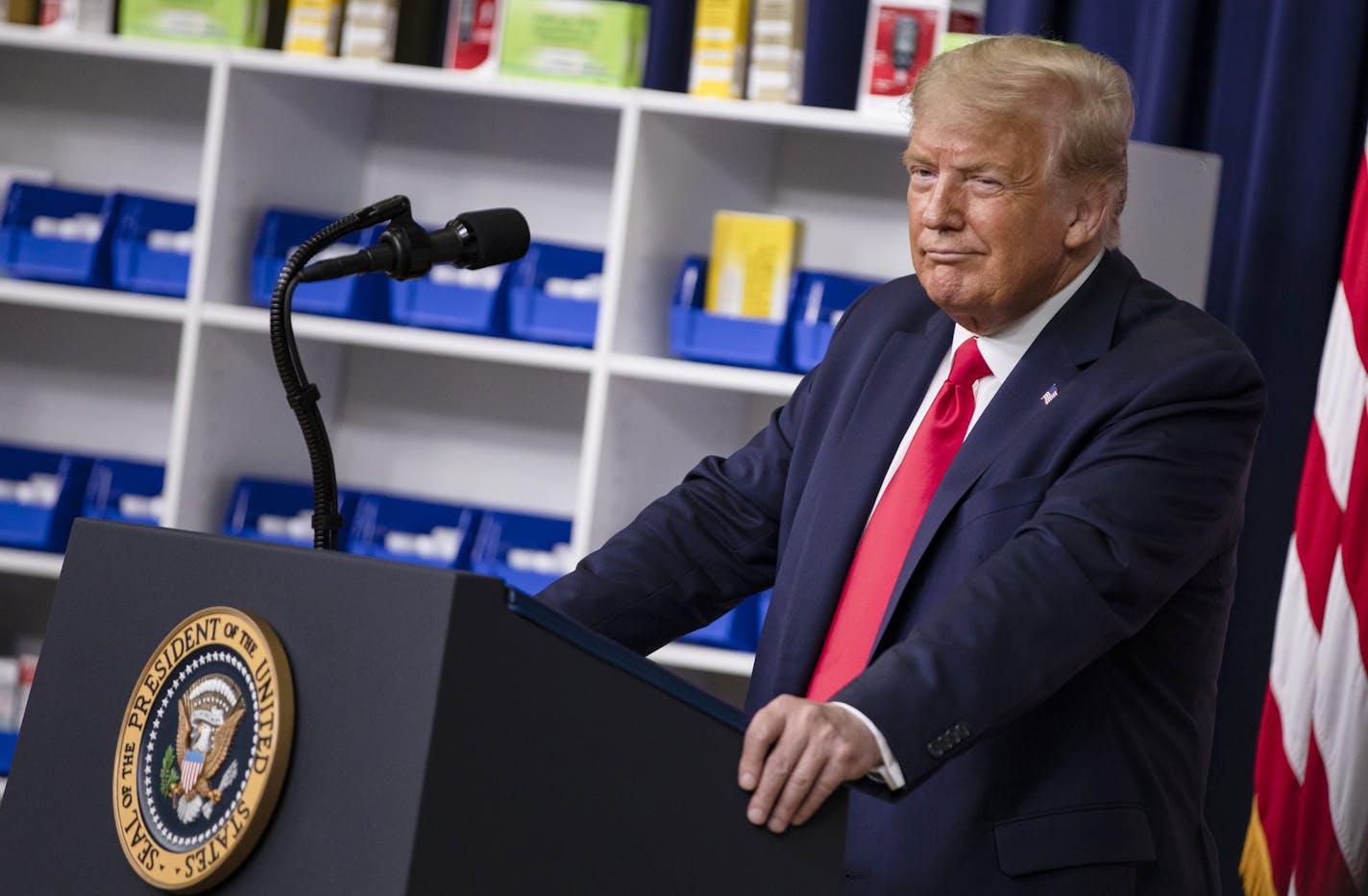 President Donald Trump addresses an event at the White House in Washington, on Friday, July 24, 2020, where he signed multiple executive orders designed to lower prescription drug prices for consumers. (Samuel Corum/The New York Times)