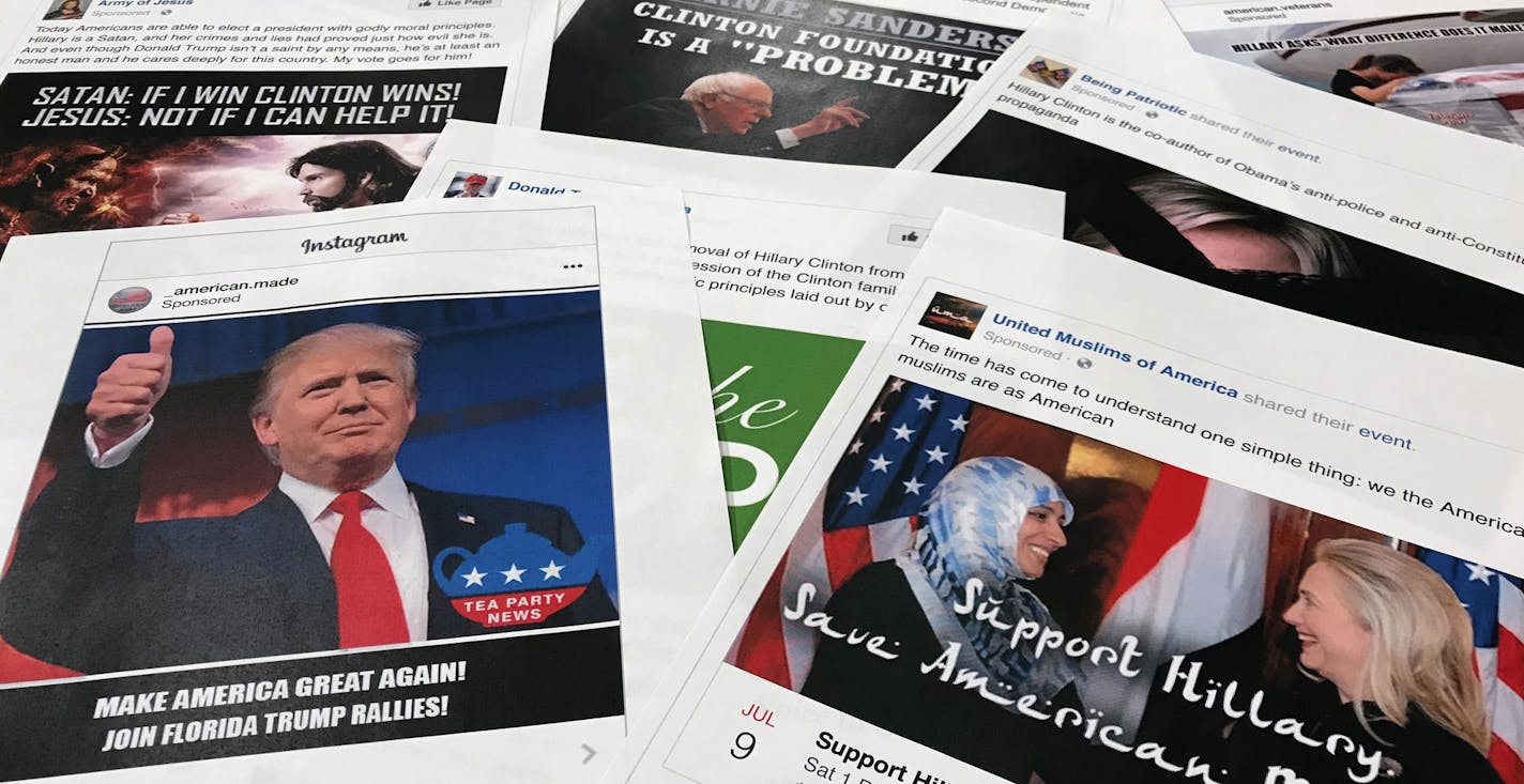 FILE - In this Nov. 1, 2017, file photo, Some of the Facebook and Instagram ads linked to a Russian effort to disrupt the American political process and stir up tensions around divisive social issues, released by members of the U.S. House Intelligence committee, are photographed in Washington. Russia&#x2019;s interference in the 2016 U.S. election has generally been seen as two separate, unrelated tracks: hacking Democratic emails and sending provocative tweets. But a new study suggests the tact