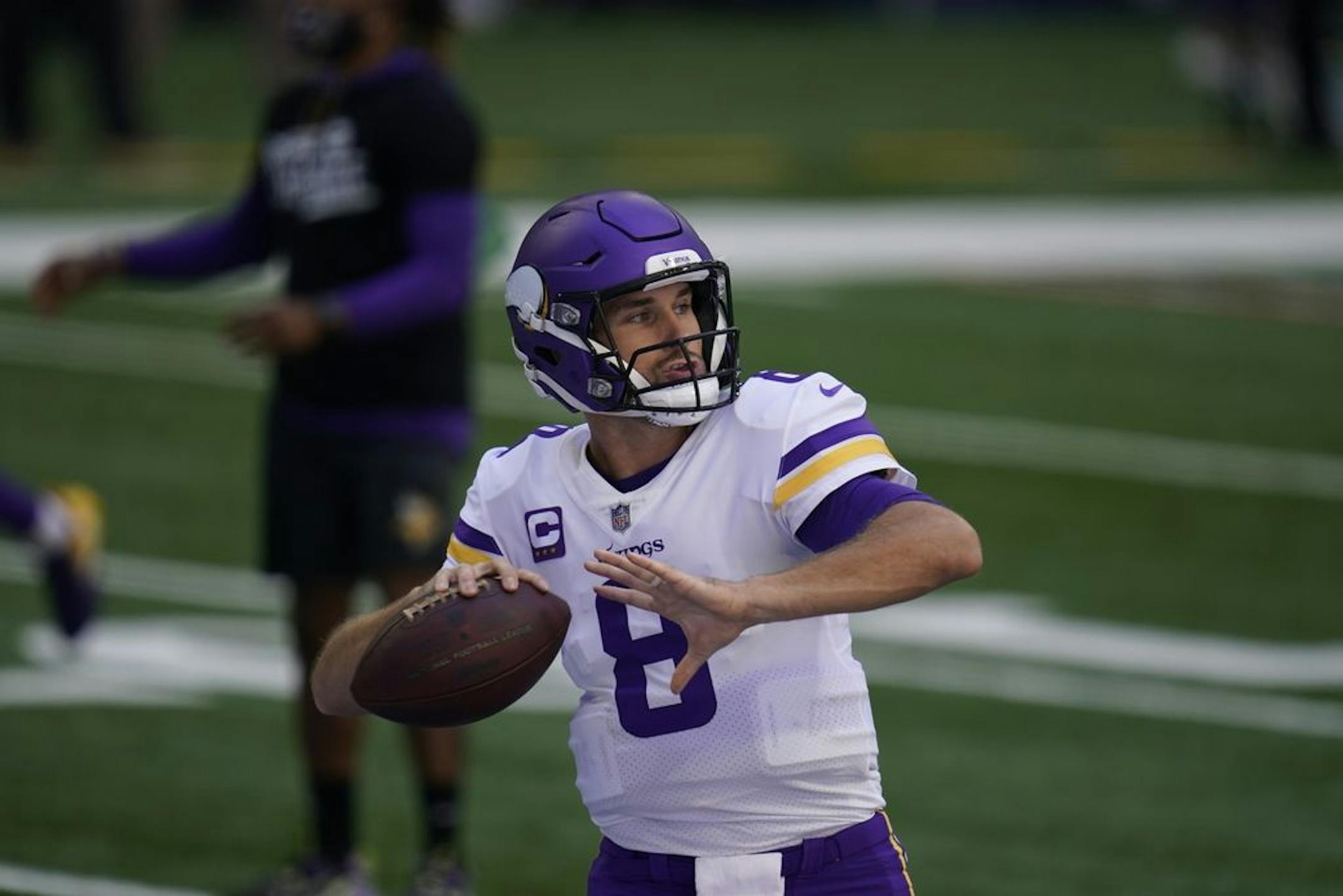 Minnesota Vikings' Kirk Cousins (8) throws before an NFL football game against the Indianapolis Colts, Sunday, Sept. 20, 2020, in Indianapolis.