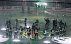 Wild players raise their sticks before the first puck was dropped for the season opener vs. Winnipeg at the Xcel Energy Center Saturday, Oct. 14, 2016