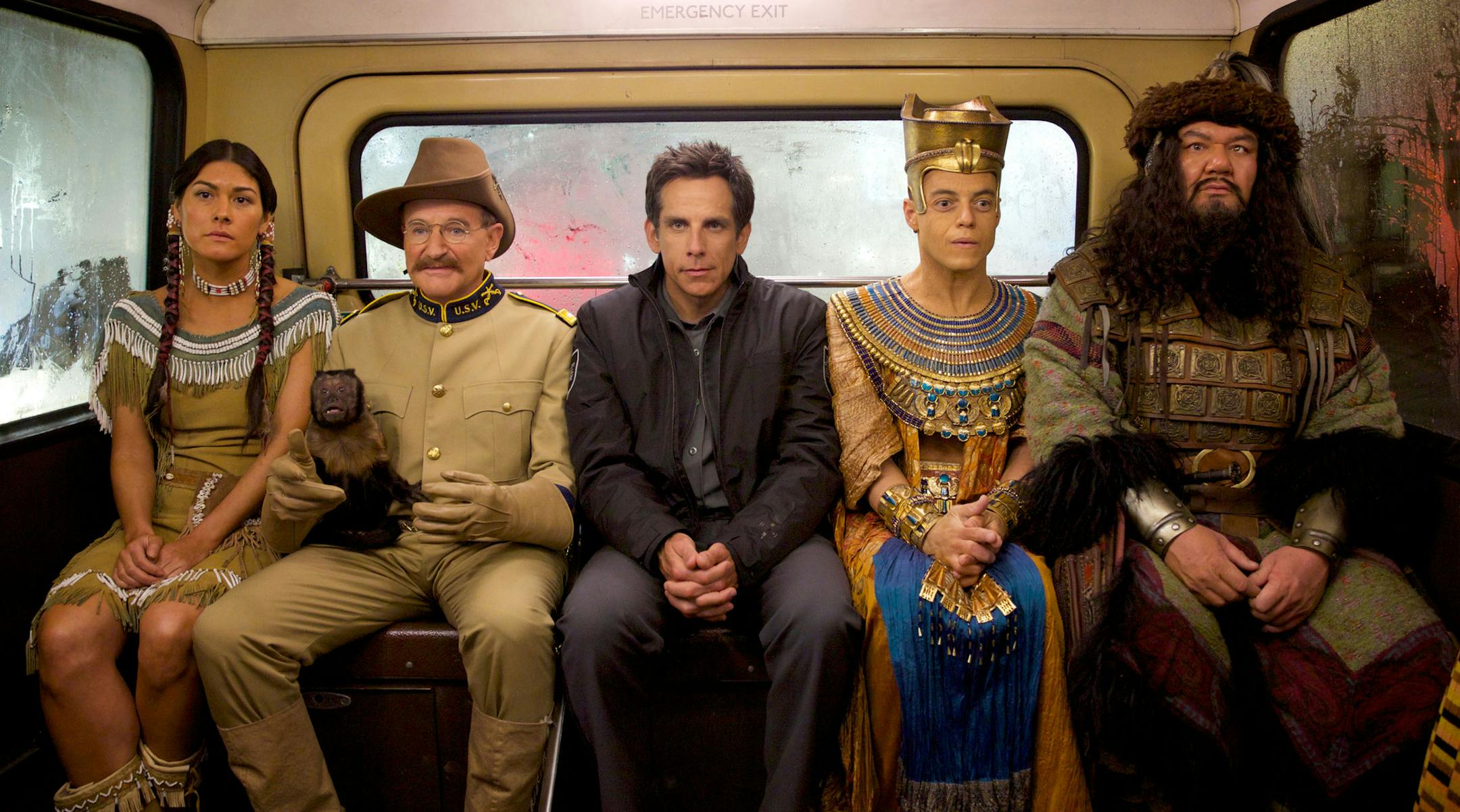 In this image released by 20th Century Fox, from left, Mizuo Peck, Robin Williams, Ben Stiller, Rami Malek and Patrick Gallagher appear in a scene from "Night at the Museum: Secret of the Tomb." (AP Photo/20th Century Fox, Kerry Brown)
