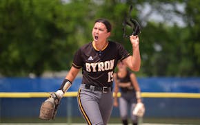 Byron pitcher Natalia Behrens celebrates after striking out a Chisago Lakes player for the third out in the fourth inning of their Class 3A semifinal