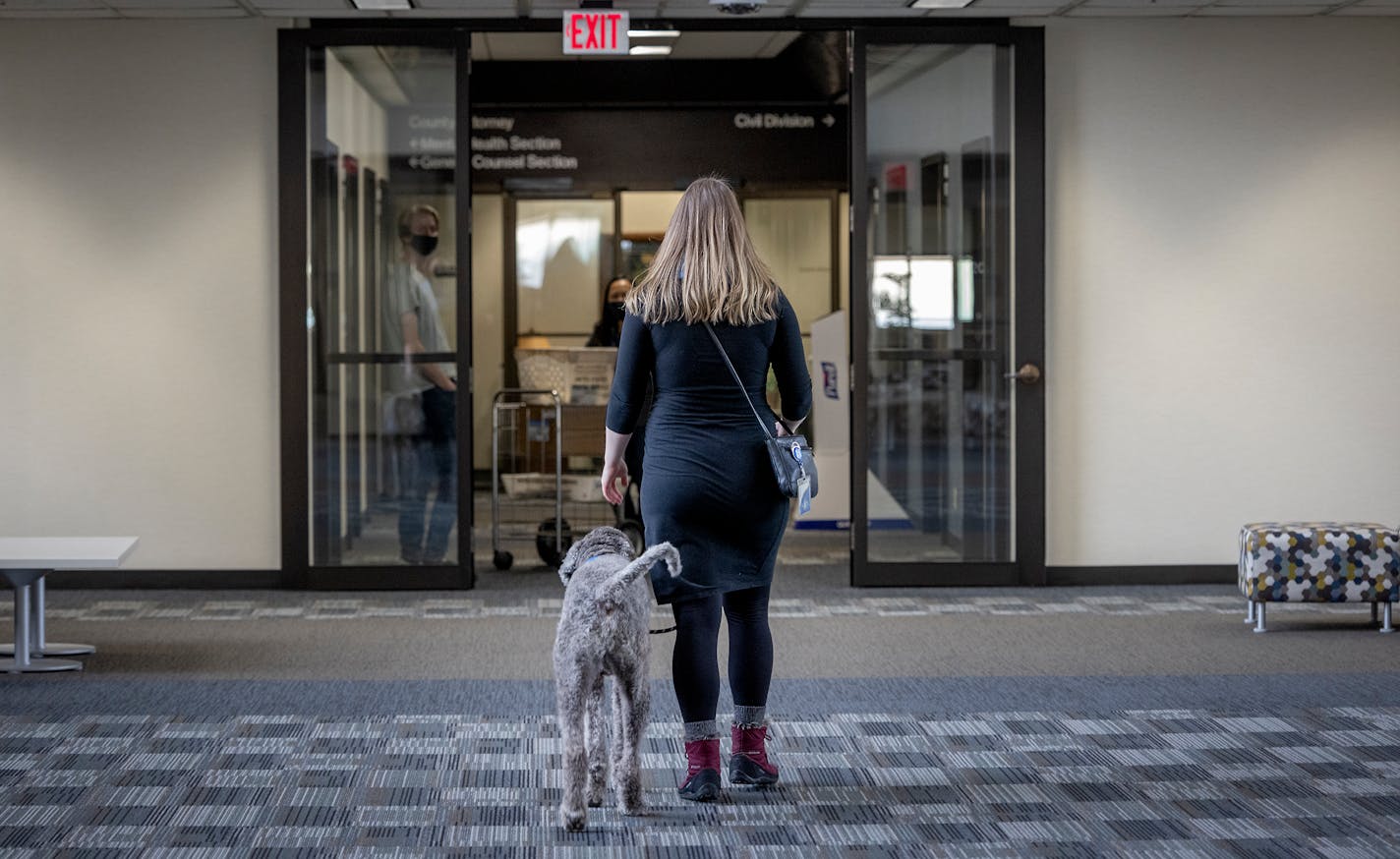 "Barrett," the courthouse dog, and his handler Nicole Carnale make their way around the Hennepin County Government Center in Minneapolis, Minn., on Tuesday, Jan. 18, 2022. "Barrett" is used to calm children and young adults who are victims or witnesses of crimes while they are preparing to testify. ] Elizabeth Flores • liz.flores@startribune.com