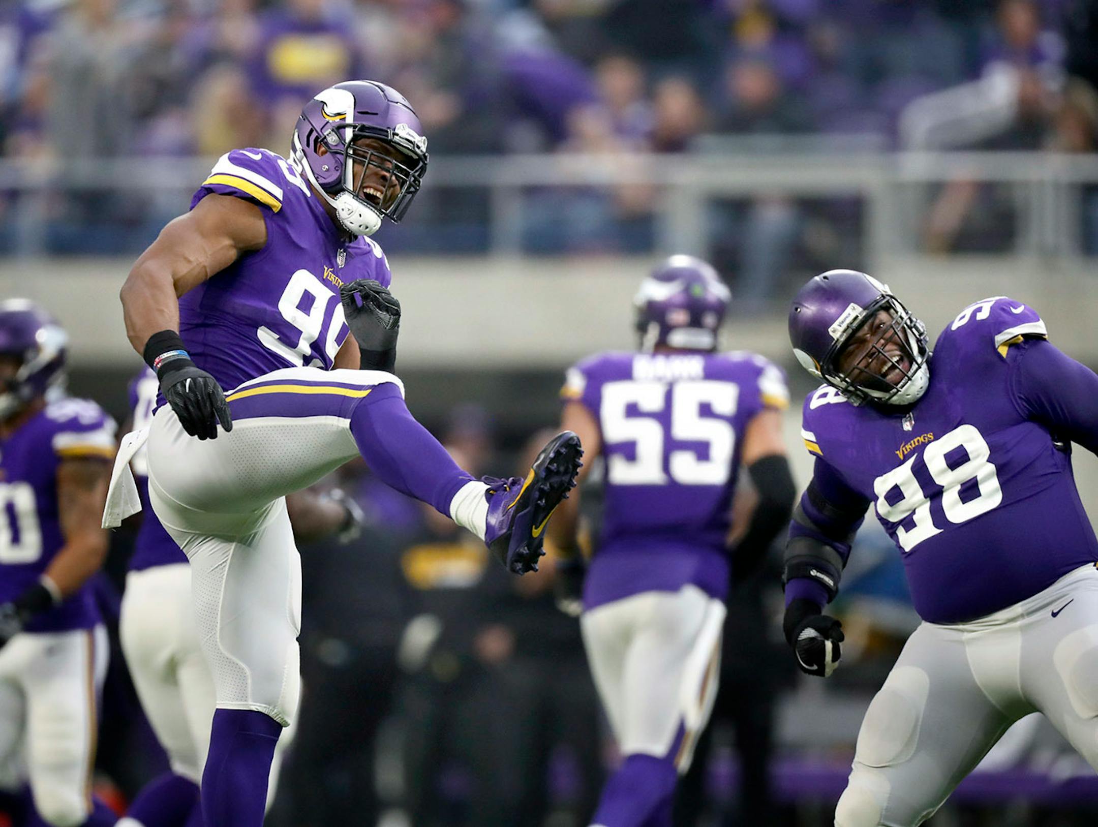 Minnesota Vikings defensive end Danielle Hunter (99) celebrated with defensive tackle Linval Joseph (98) after he sacked Cincinnati Bengals quarterback Andy Dalton for a nine yard loss in the second quarter.