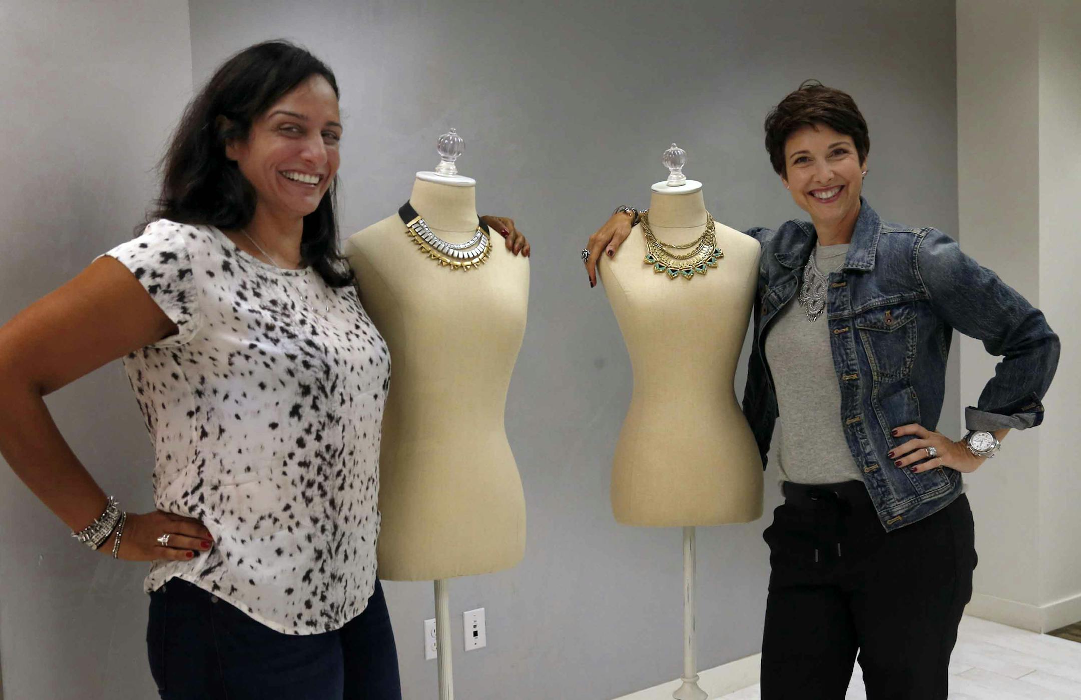 Stella&Dot's Meera Bhatia, left, vice president of product, and Christy Dinges, vice president of people, pose for a portrait in the lobby of their office on Sept. 28, 2015 in San Bruno, Calif. Their company started testing the new Facebook at Work product a couple months ago. (Karl Mondon/Bay Area News Group/TNS) ORG XMIT: 1174674
