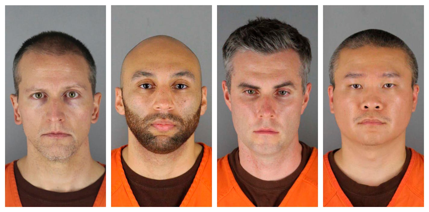 FILE - This combination of photos provided by the Hennepin County Sheriff's Office in Minnesota on Wednesday, June 3, 2020, shows from left, former Minneapolis police officers Derek Chauvin, J. Alexander Kueng, Thomas Lane and Tou Thao. The former Minneapolis police officers charged with violating George Floyd's civil rights are scheduled to be arraigned in federal court Tuesday, Sept. 14, 2021. (Hennepin County Sheriff's Office via AP File)