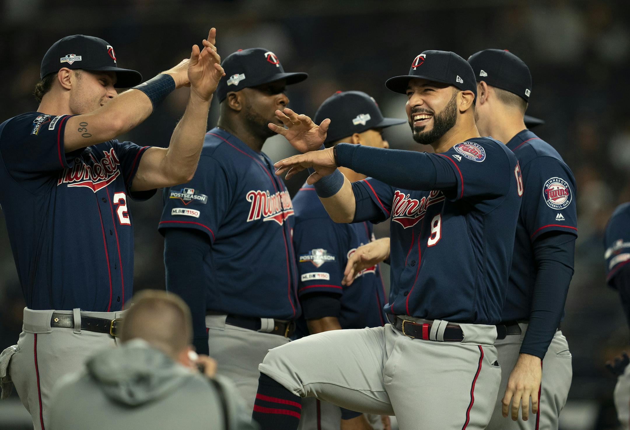 Minnesota Twins left fielder Marwin Gonzalez (9) and Minnesota Twins center fielder Max Kepler clowned around as they shook hands during introductions before the game. ] JEFF WHEELER &#x2022; jeff.wheeler@startribune.com The Minnesota Twins faced the New York Yankees in Game 1 of their ALDS Friday night, October 4, 2019 at Yankee Stadium in New York.