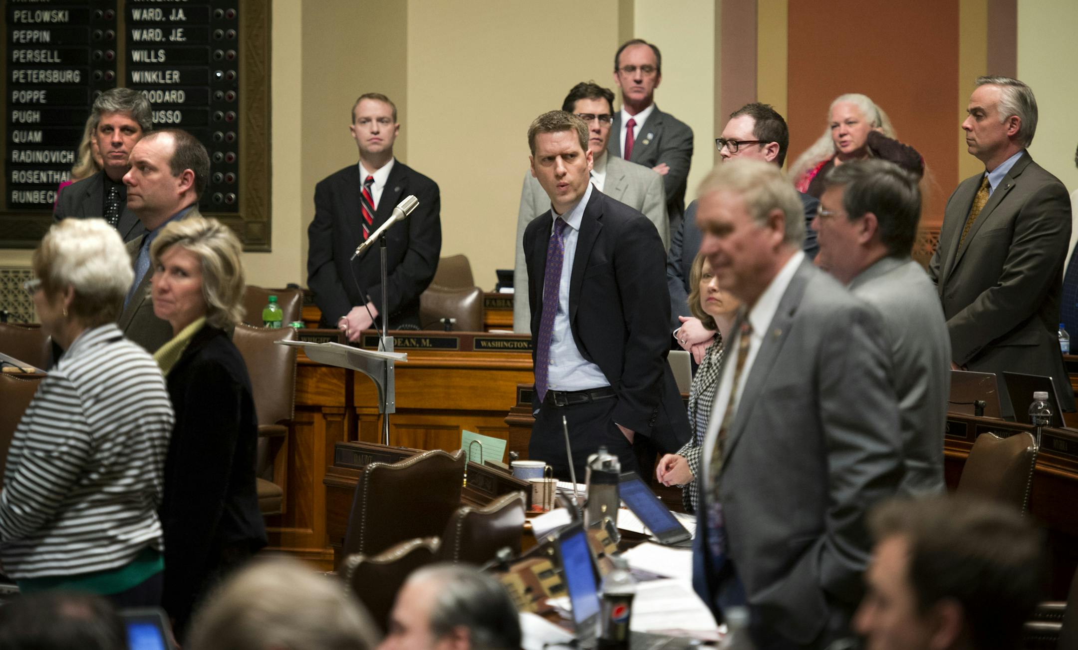 Republican representatives including Minority Leader Kurt Daudt, center, stood for a division or head count in a vote to table the first amendment offered that would redistribute a surcharge received by hospitals based on a formula that members said they didn't understand. The Minnesota House debated the first of 87 amendments on Health and Human Services Omnibus Finance bill for at least 3 hours. Monday, April 22, 2013 ] GLEN STUBBE * gstubbe@startribune.com