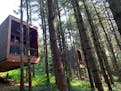 Three Pine Forest camper cabins at Whitetail Woods are cantilevered into the trees.