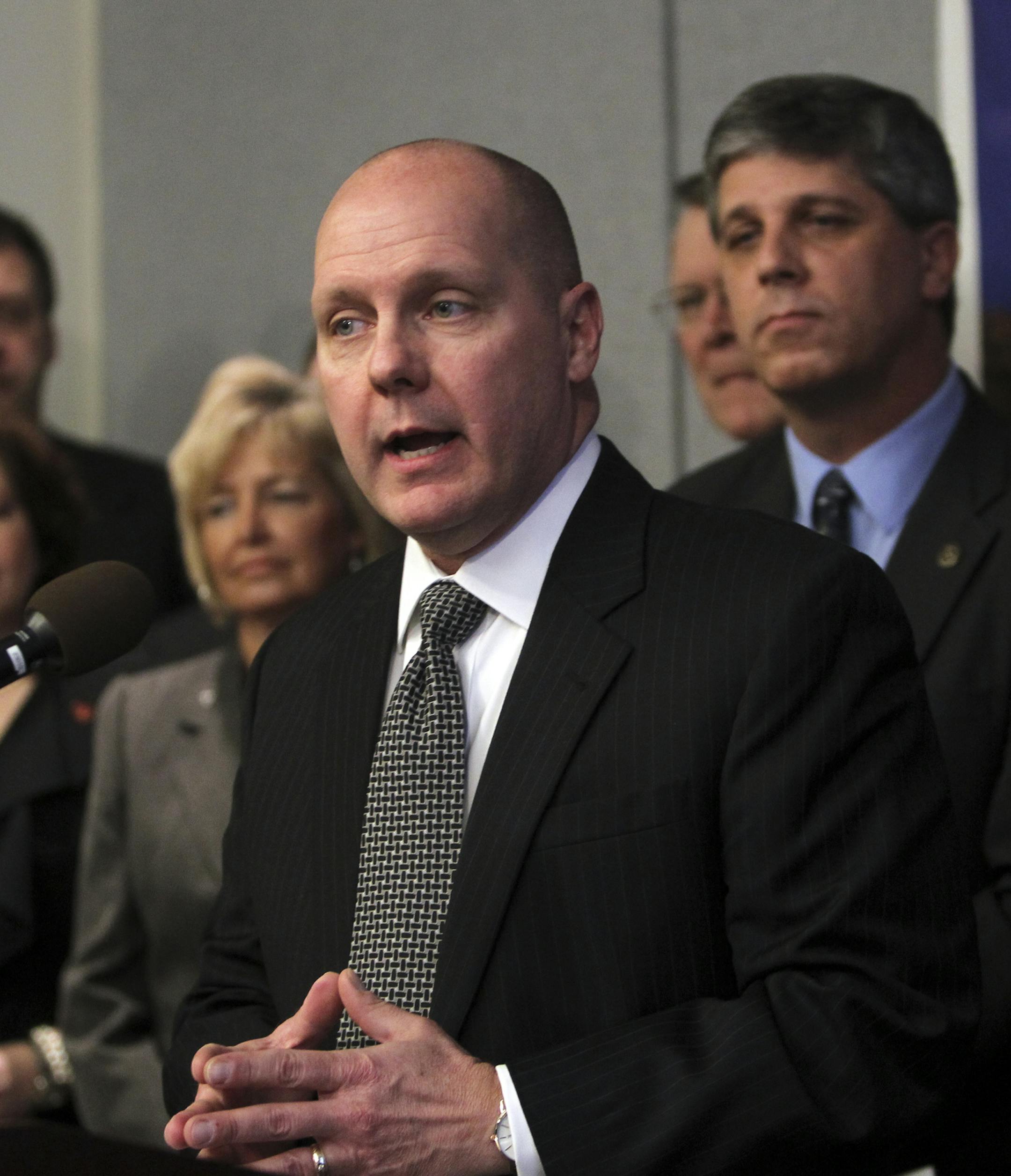 Minnesota senator Dave Thompson (R-Lakeville), front, answered media questions about a constitutional ammendment that would give Minnesota the oppurtunity to vote on whether or not Minnesota workers should have the freedom to join a union or not Thursday, Feb. 2, 2012, at the State Capitol in St. Paul, MN. Among those listening in was Rep. Steve Drazkowski (R-Mazeppa), second from right.] DAVID JOLES*djoles@startribune.com - Distraction Dodger is an Internet-based video game developed by the Int