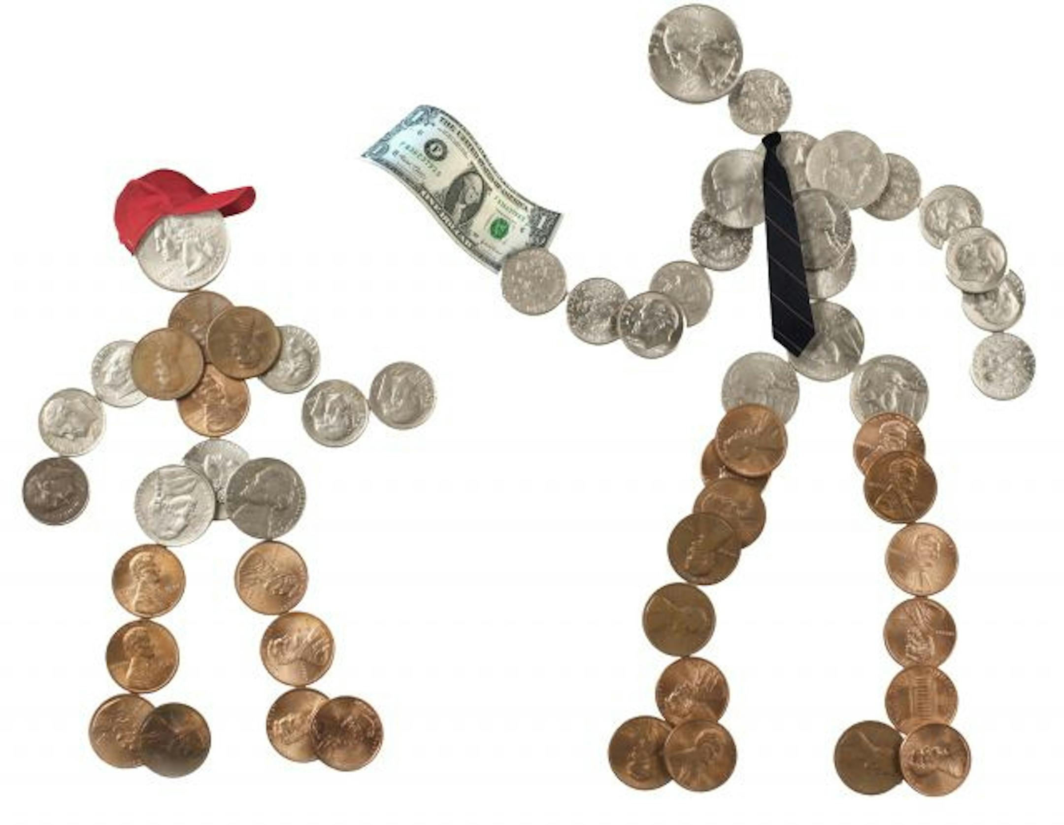 300 dpi Tim Lee color illustration of a father and son, both made out of money; the father handing his son a one dollar bill as an allowance. The News & Observer (Raleigh, N.C.) 2007<p> allowance illustration pennies penny coins change quarter nickel dime dollar parenting budget cost kids children savings, krtbusiness business, krtnational national, 04000000, 04006018, FIN, krtfinancialservice financial services, krtnamer north america, krtpersonalfinance personal finance, krtusbusiness, u.s. us
