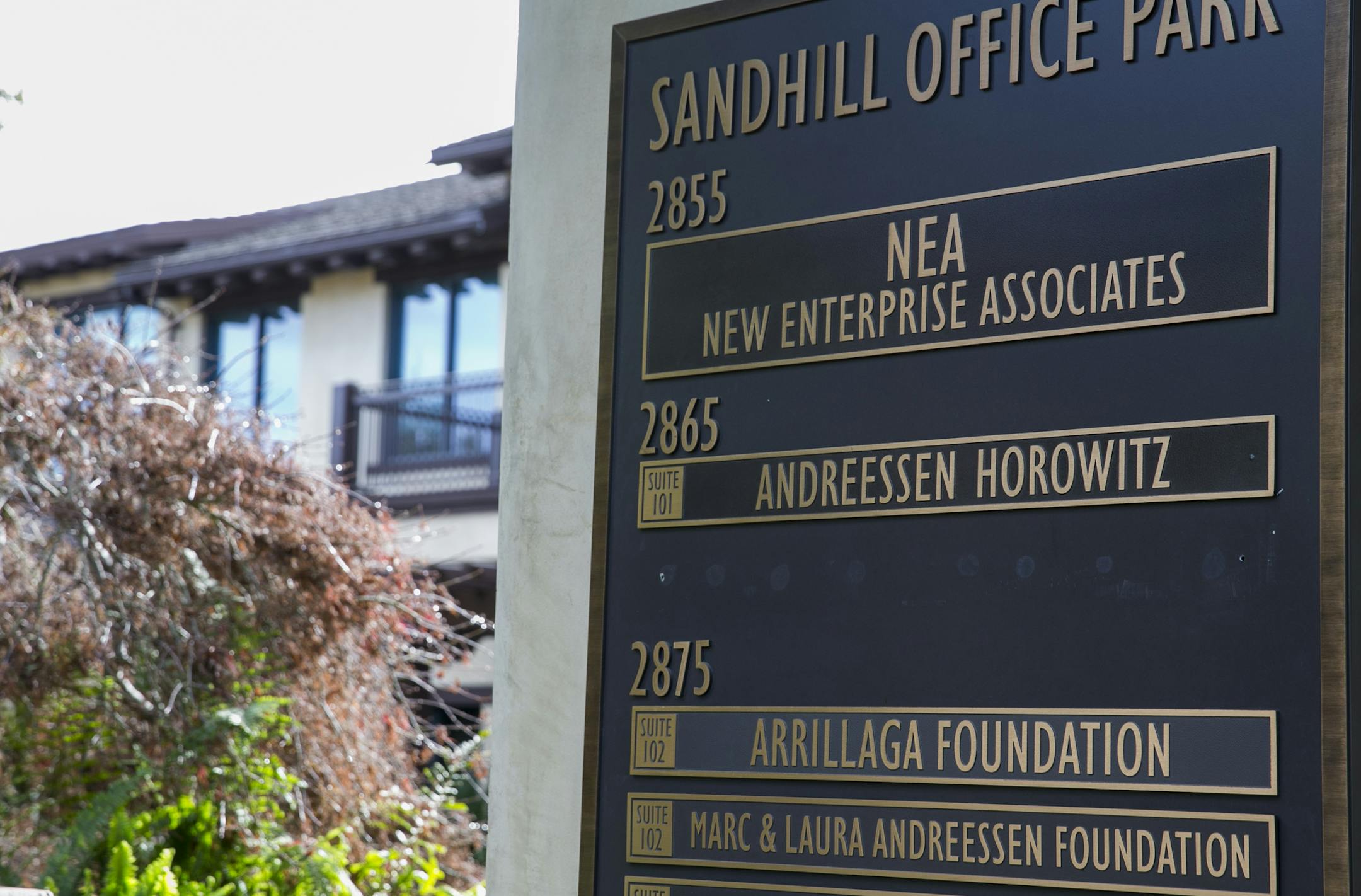 A logo sign at the headquarters of the venture capital firm Andreessen Horowitz in Menlo Park, California on December 6, 2014. Photo Credit: Kristoffer Tripplaar/ Sipa USA *** Please Use Credit from Credit Field ***