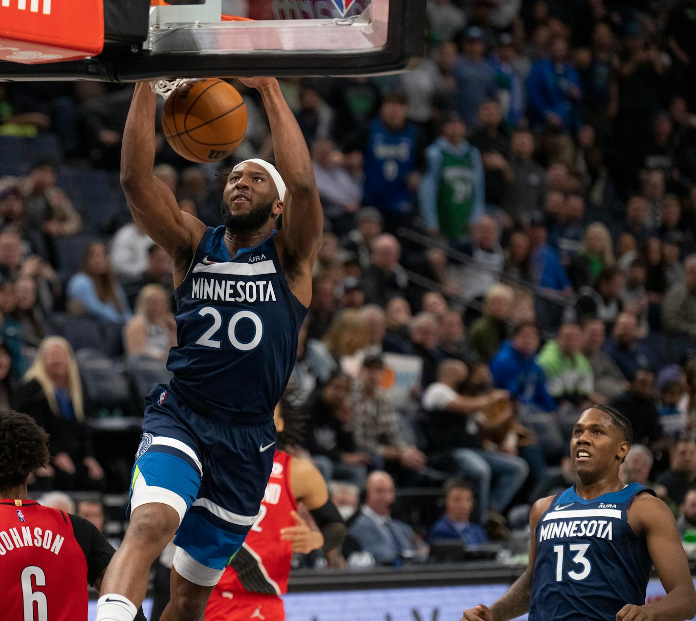 Minnesota Timberwolves forward Josh Okogie (20) dunked in the fourth quarter of an NBA basketball game Monday night, March 7, 2022 at Target Center in Minneapolis, Minn. The Minnesota Timberwolves defeated the Portland Trail Blazers 124-81. ] JEFF WHEELER • Jeff.Wheeler@startribune.com