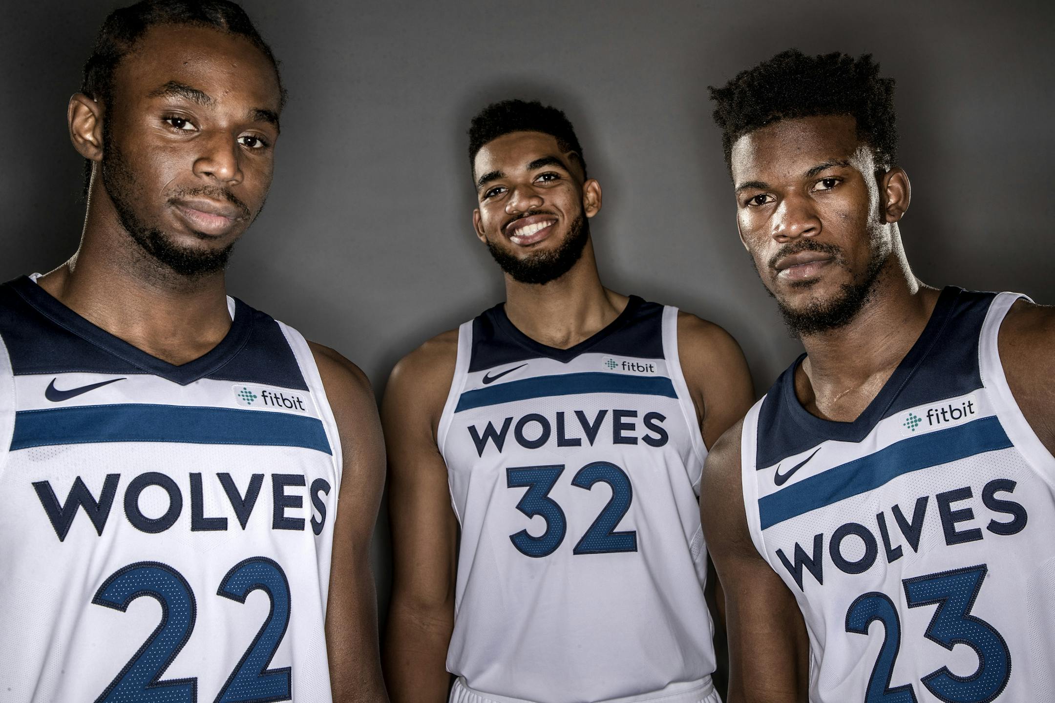Minnesota Timberwolves Andrew Wiggins (22), Karl-Anthony Towns (32) and Jimmy Butler (23). ] CARLOS GONZALEZ ï cgonzalez@startribune.com - September 22, 2017, Minneapolis, MN, NBA, Minnesota Timberwolves Media Day
