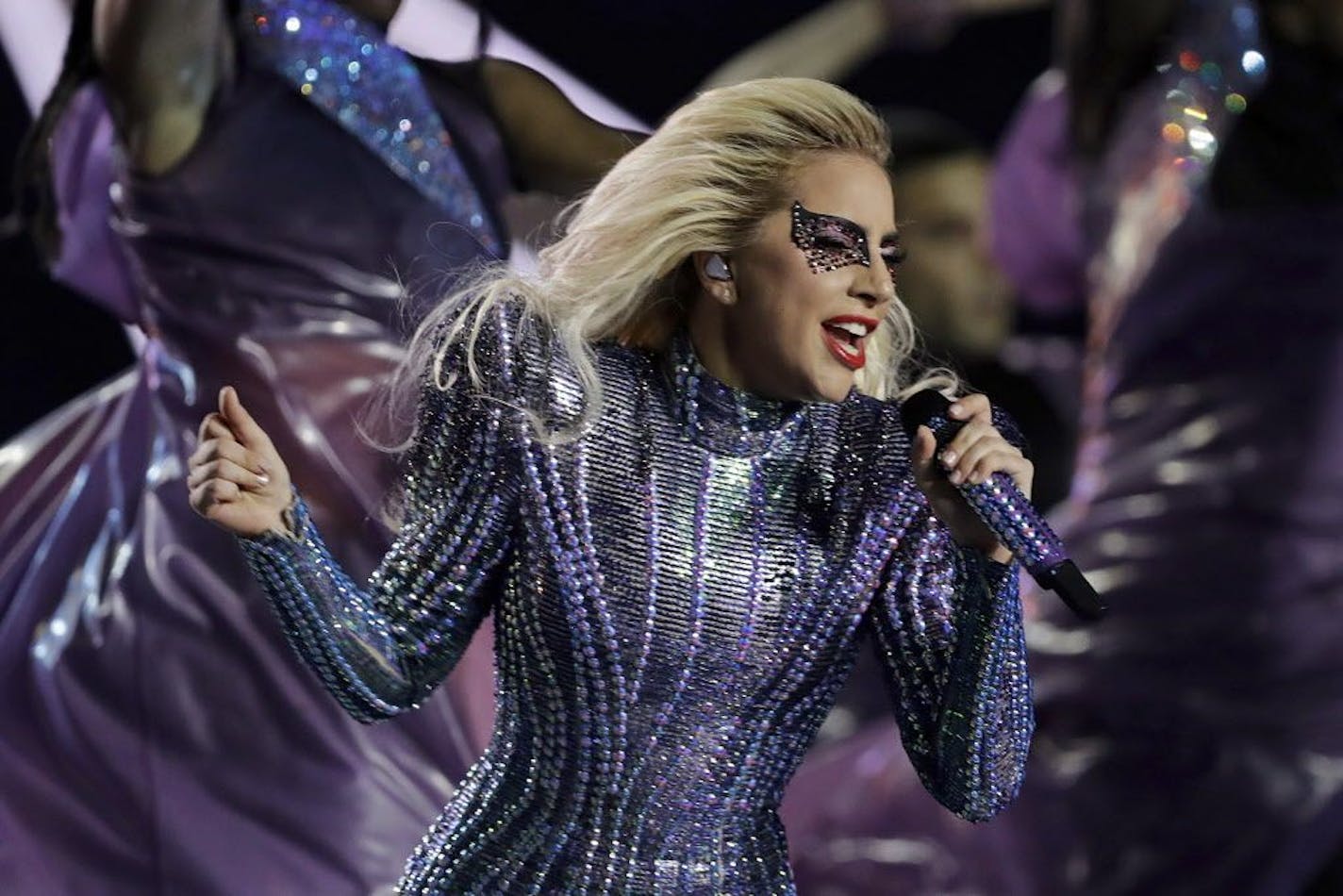 Lady Gaga performs during the halftime show of the NFL Super Bowl 51 football game between the New England Patriots and the Atlanta Falcons, Sunday, Feb. 5, 2017, in Houston.