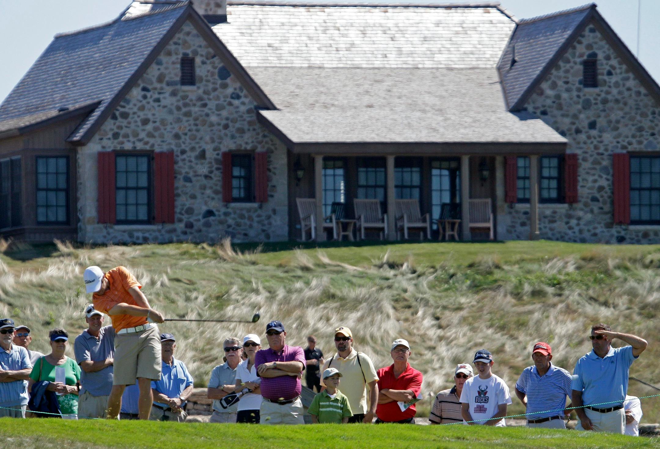 FILE - In this Aug. 25, 2011, file photo, Peter Uihlein of Orlando, Fla., tees off on the first hole during the second round of match play at the U.S. Amateur golf tournament at Erin Hills Golf Course in Erin, Wisc. The 117th U.S. Open begins June 15 with plenty of intrigue that goes beyond the mystery of a new golf course. (AP Photo/Morry Gash, File)