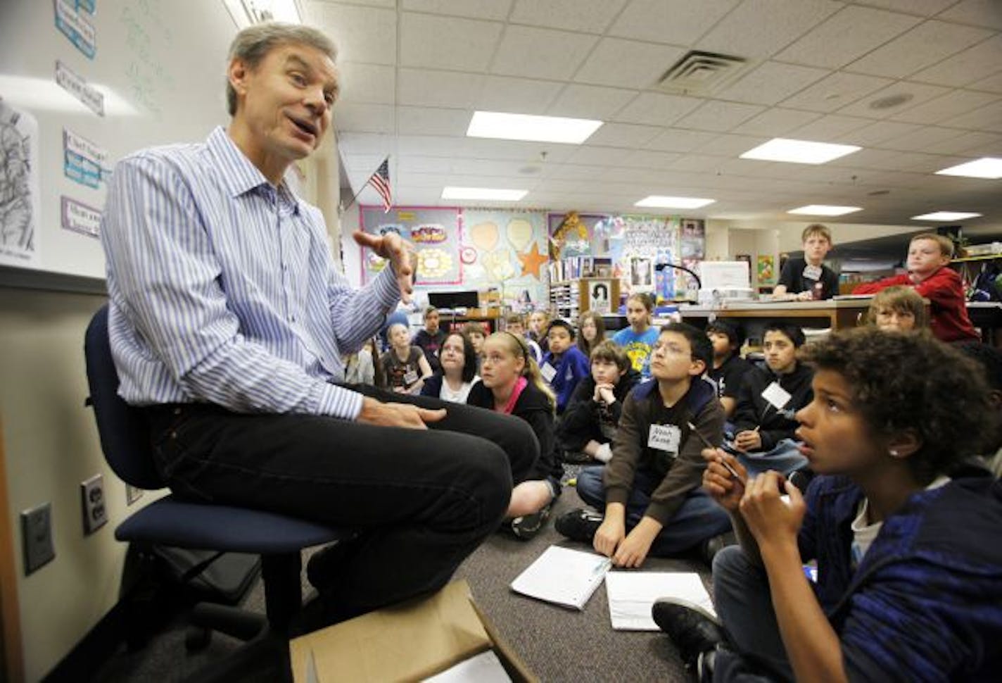 Kids author John Coy visited Echo Park Elementary School fifth-graders in Kim Coleman's class, where he got feedback on the latest book he is working on.