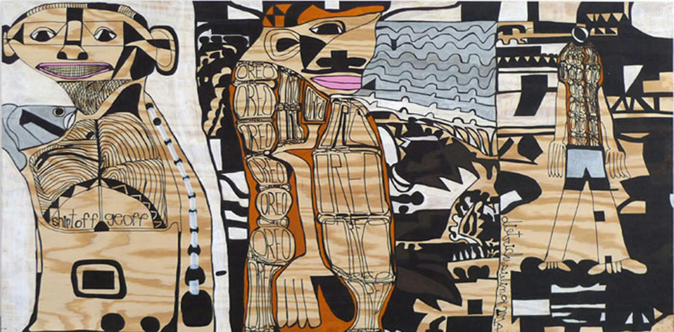 Bockley Gallery Dietrich Sieling, Shirt Off Geoff, Dietrich at the Ocean Wearing Oreo Shirt, 2014, 48 x 96 inches, oil based ink on plywood