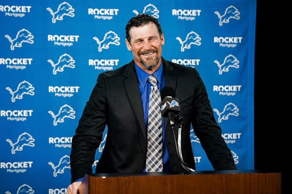 In this image provided by the Detroit Lions, Detroit Lions head coach Dan Campbell speaks during a news conference via video on his first day at the N