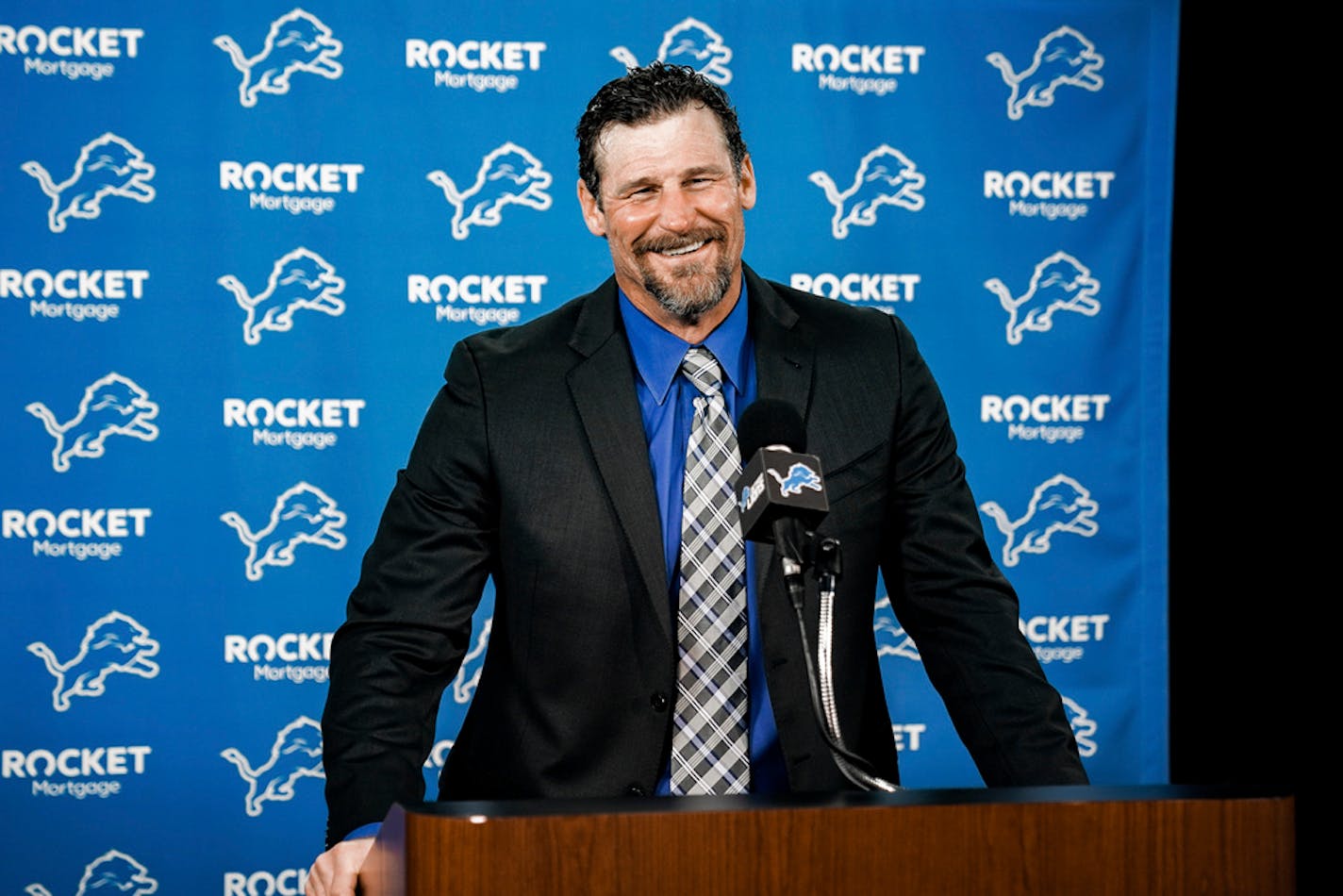 In this image provided by the Detroit Lions, Detroit Lions head coach Dan Campbell speaks during a news conference via video on his first day at the NFL football team's practice facility, Thursday, Jan. 21, 2021 in Allen Park, Mich. (Detroit Lions via AP).