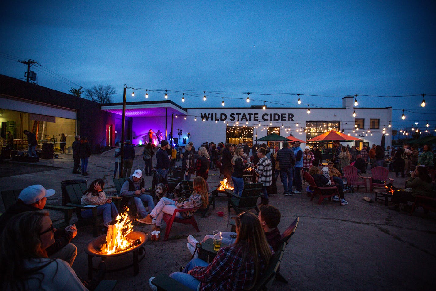 The exterior of Wild State Cider, it's patio filled with people at dusk. The area is lit by bistro lights and there are fire pits burning. Purple lights highlight an outdoor state in the background.