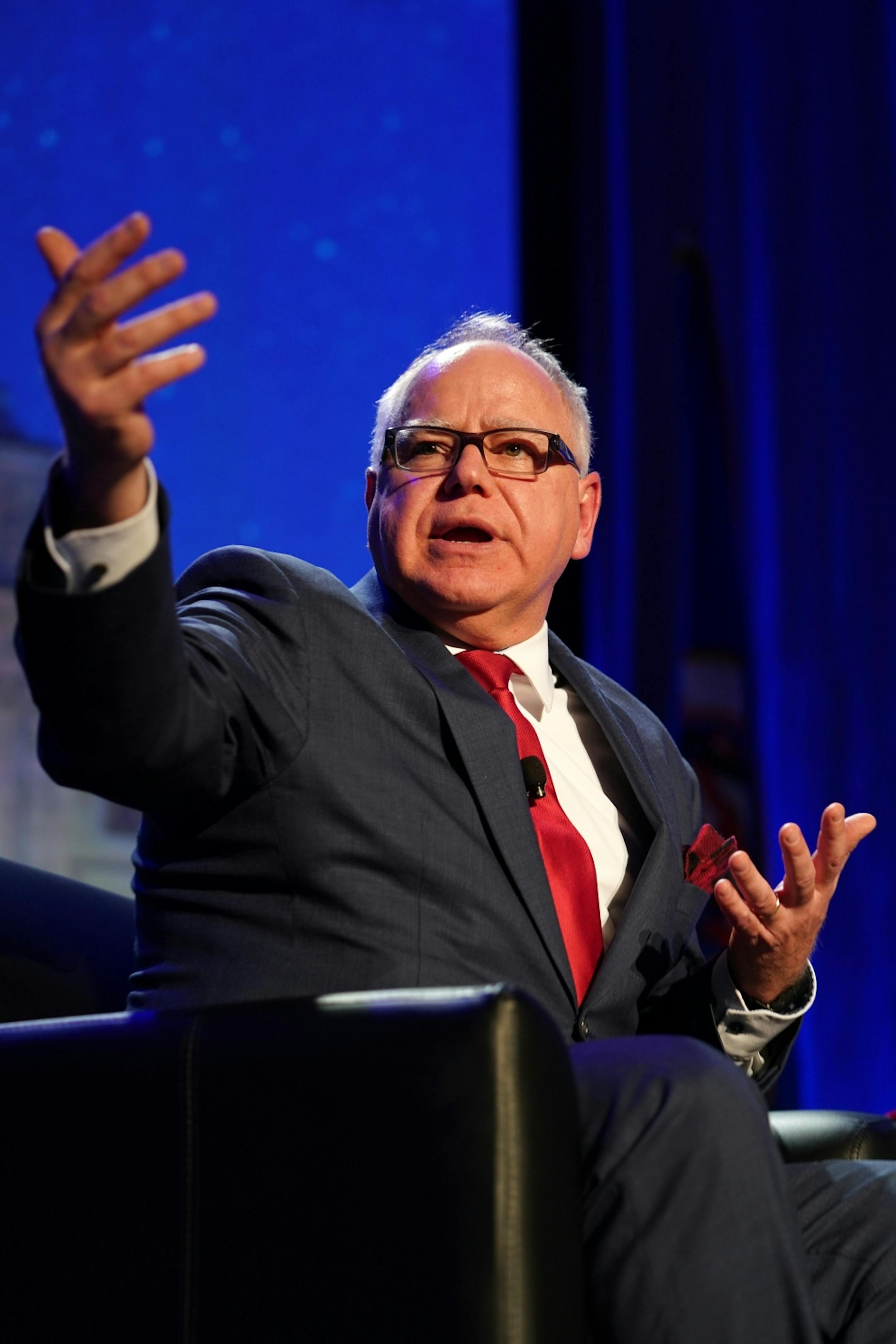 Gov. Tim Walz spoke as he was interviewed by Minnesota Chamber President Doug Loon during the Minnesota Chamber of Commerce's annual policy kickoff event Wednesday.