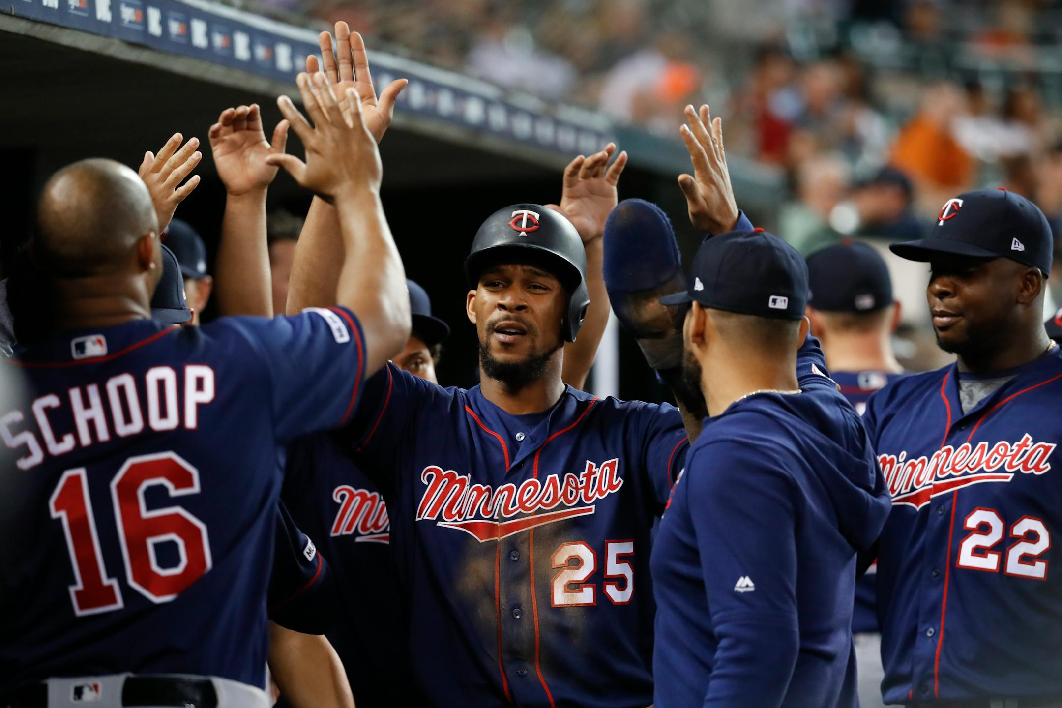 The Twins' Byron Buxton (25) started off slow in the power department this year, but he hit his eighth home run Sunday.