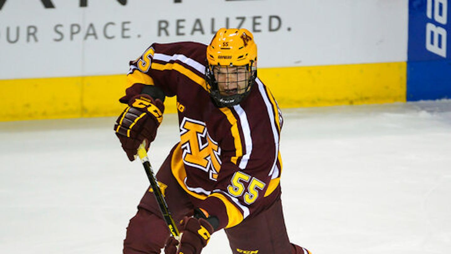 Matt Staudacher during an NCAA hockey game on Friday, Oct. 11, 2019 in Colorado Springs, Colo. (AP Photo/Bart Young) ORG XMIT: NYOTK