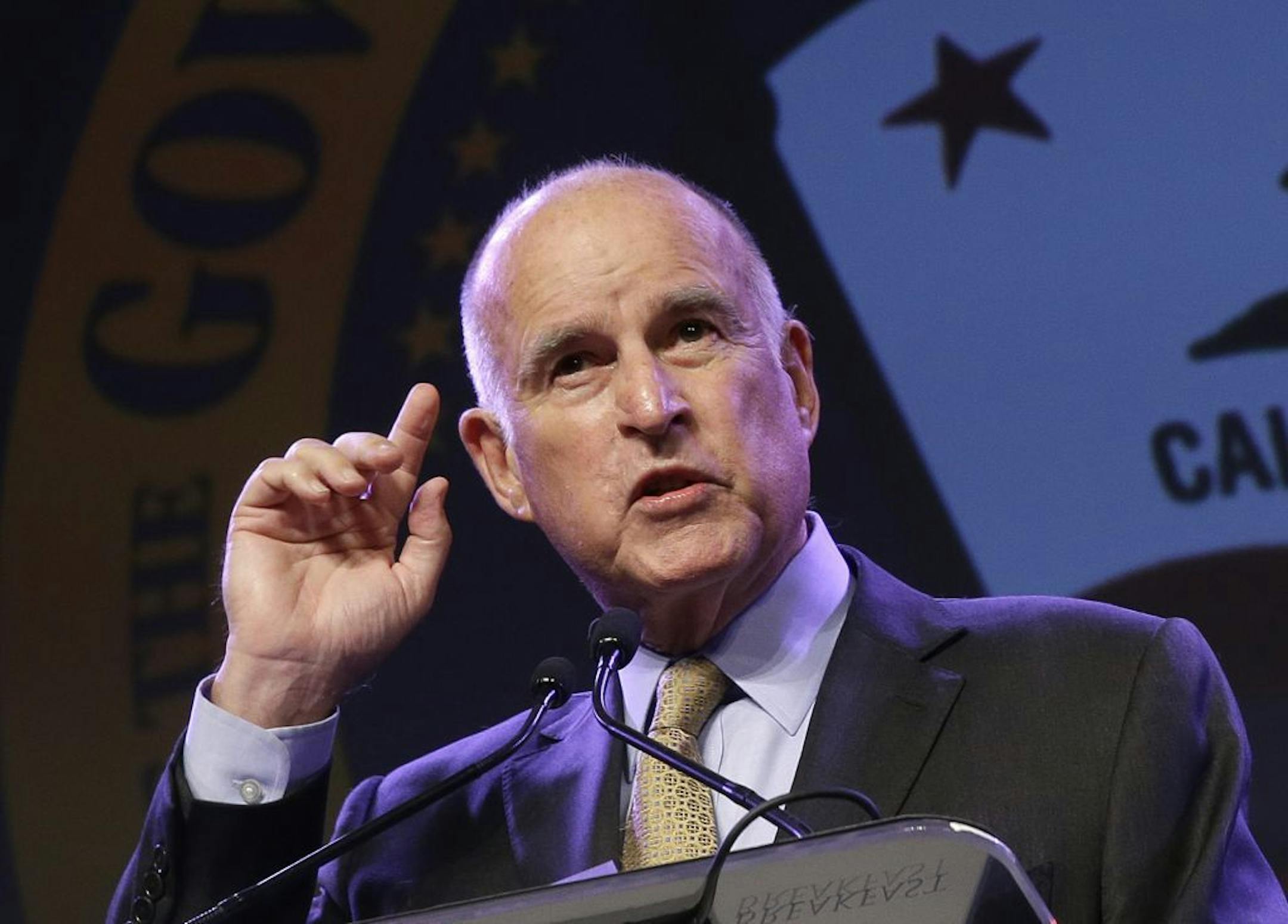 California Gov. Jerry Brown gestures as he speaks at the 91st Annual Sacramento Host Breakfast Wednesday, May 18, 2016, in Sacramento, Calif.