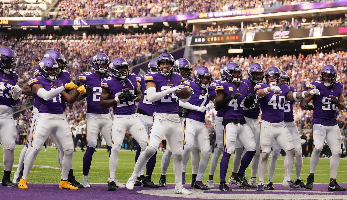 Minnesota Vikings safety Camryn Bynum (24) celebrates an interception before it was called back in the fourth quarter of an NFL game between the Minnesota Vikings and the New Orleans Saints Sunday, Nov. 12, 2023 at U.S. Bank Stadium in Minneapolis. ] ANTHONY SOUFFLE • anthony.souffle@startribune.com