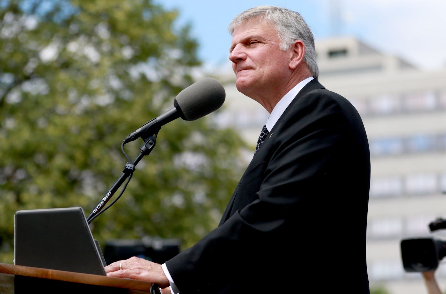 The Rev. Franklin Graham hosted a day of prayer, encouraging the throng of Christians gathered to get out and vote and become involved in politics on the local level Thursday, June 16, 2016, in the lower mall outside the State Capitol in St. Paul, MN.