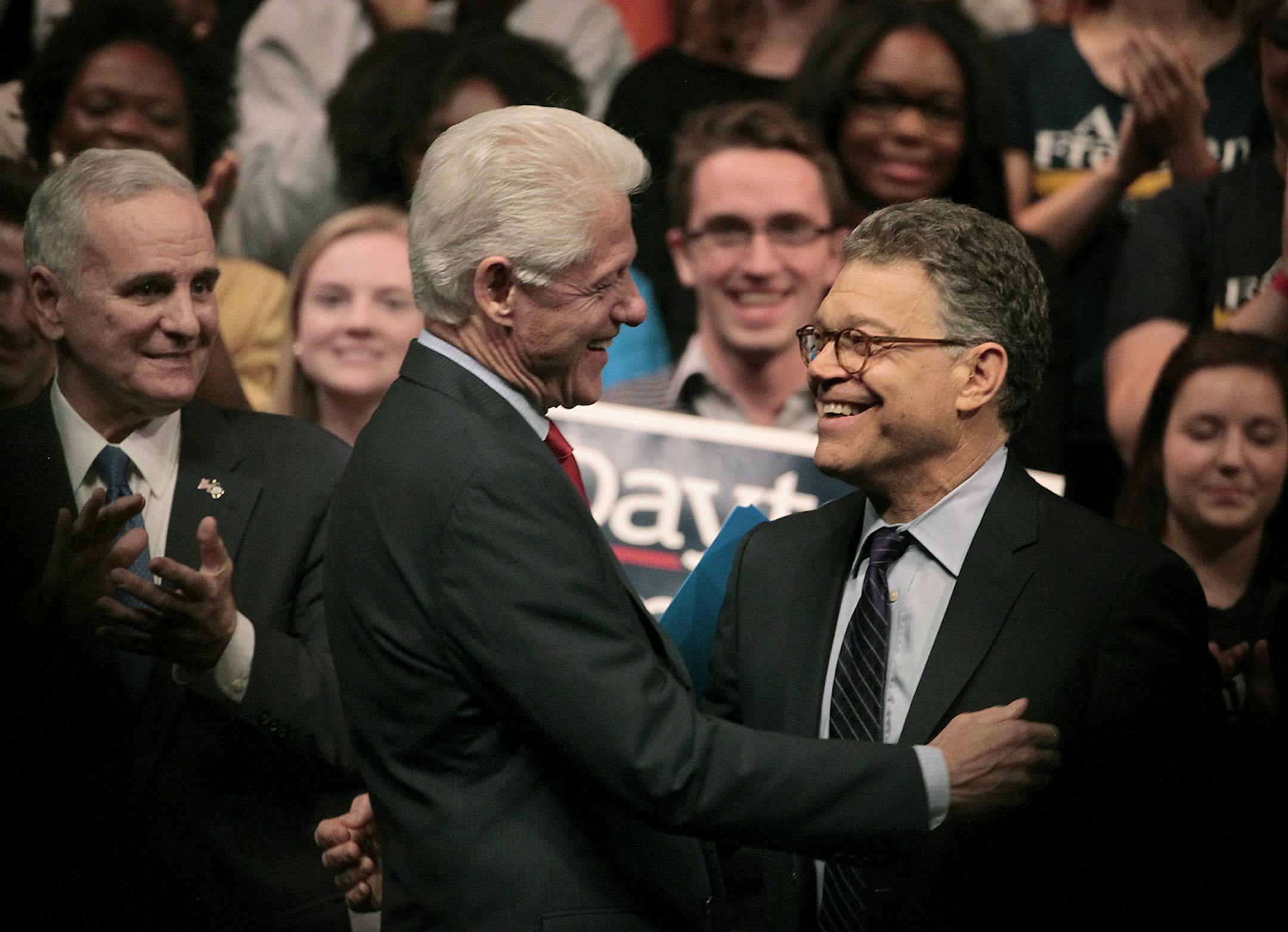 President Bill Clinton greeted Senator Al Franken as he headlined a grassroots early vote and government event hosted by the University of Minnesota College Democrats in support of Senator Al Franken and Governor Mark Dayton at Northrop University, Friday, October 10, 2014 in Minneapolis, MN. ] (ELIZABETH FLORES/STAR TRIBUNE) ELIZABETH FLORES • eflores@startribune.com