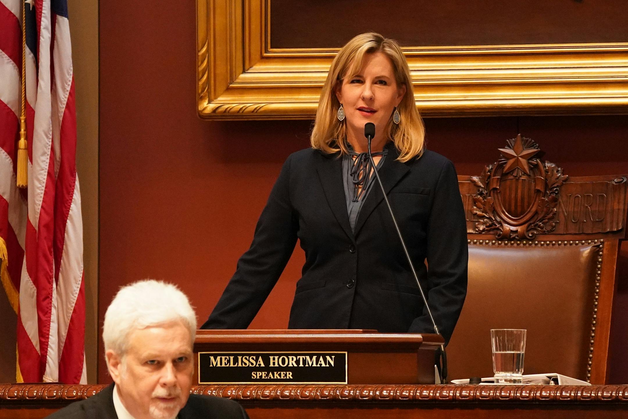 House Speaker Melissa Hortman reacted as Rep. Steve Drazkowski, R-Mazeppa, made a motion to immediately adjourn the session, which failed, at the start of the legislative session Tuesday.