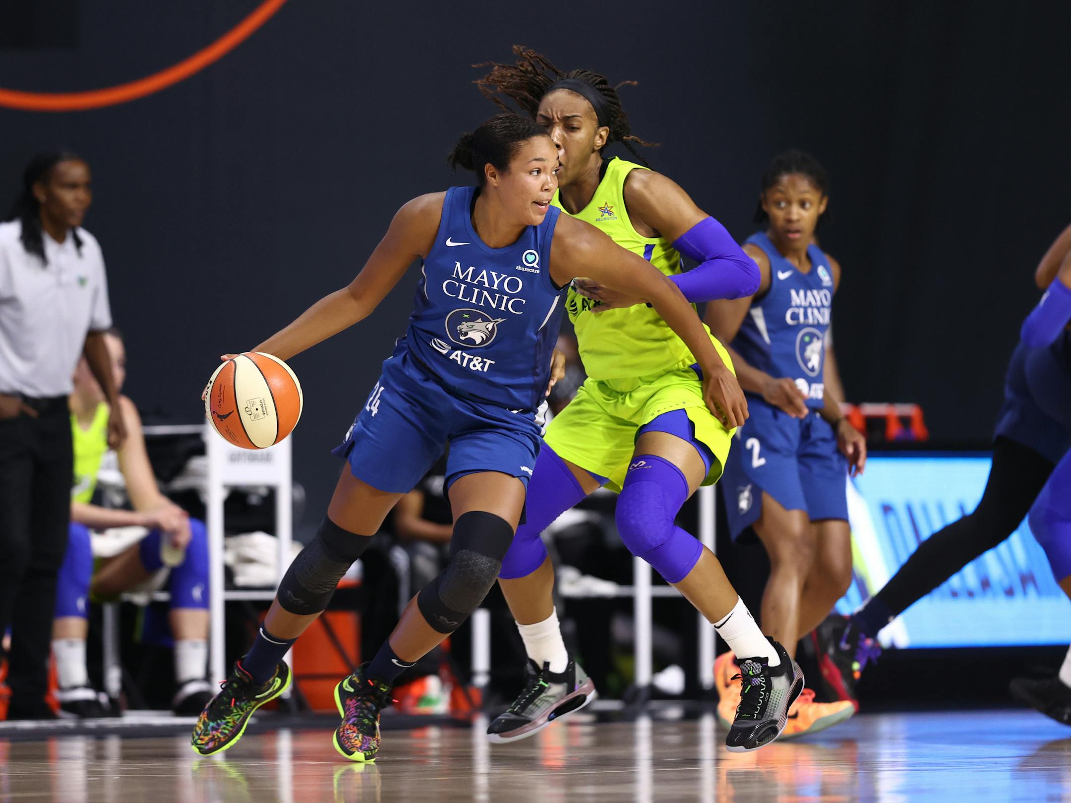 Napheesa Collier of the Lynx handles the ball against Dallas