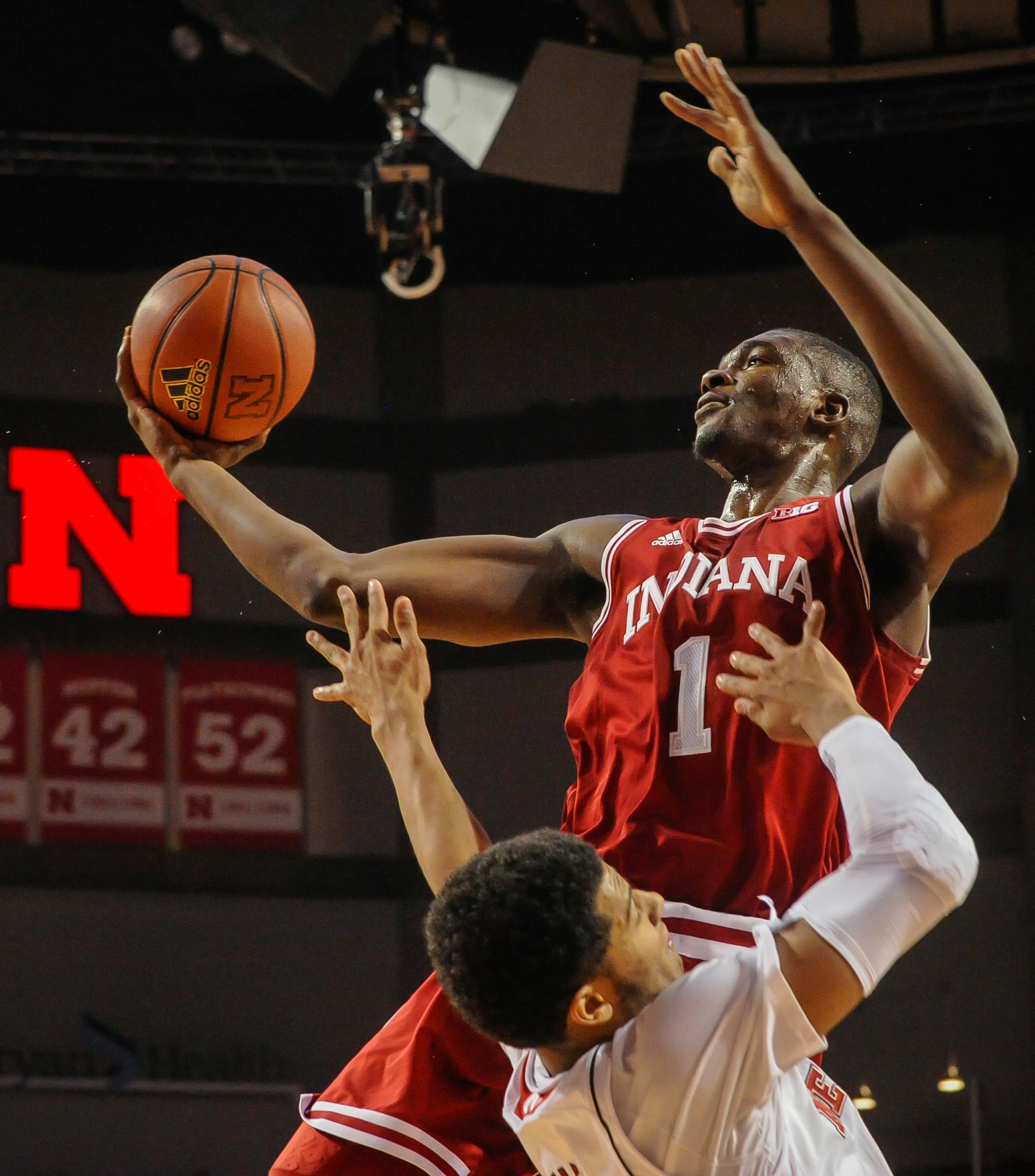 Indiana forward Noah Vonleh (1) shoots the ball over Nebraska guard/forward Shavon Shields (31) during an NCAA college basketball game, Thursday, Jan. 30, 2014 in Lincoln, Neb.(AP Photo/Dave Weaver)