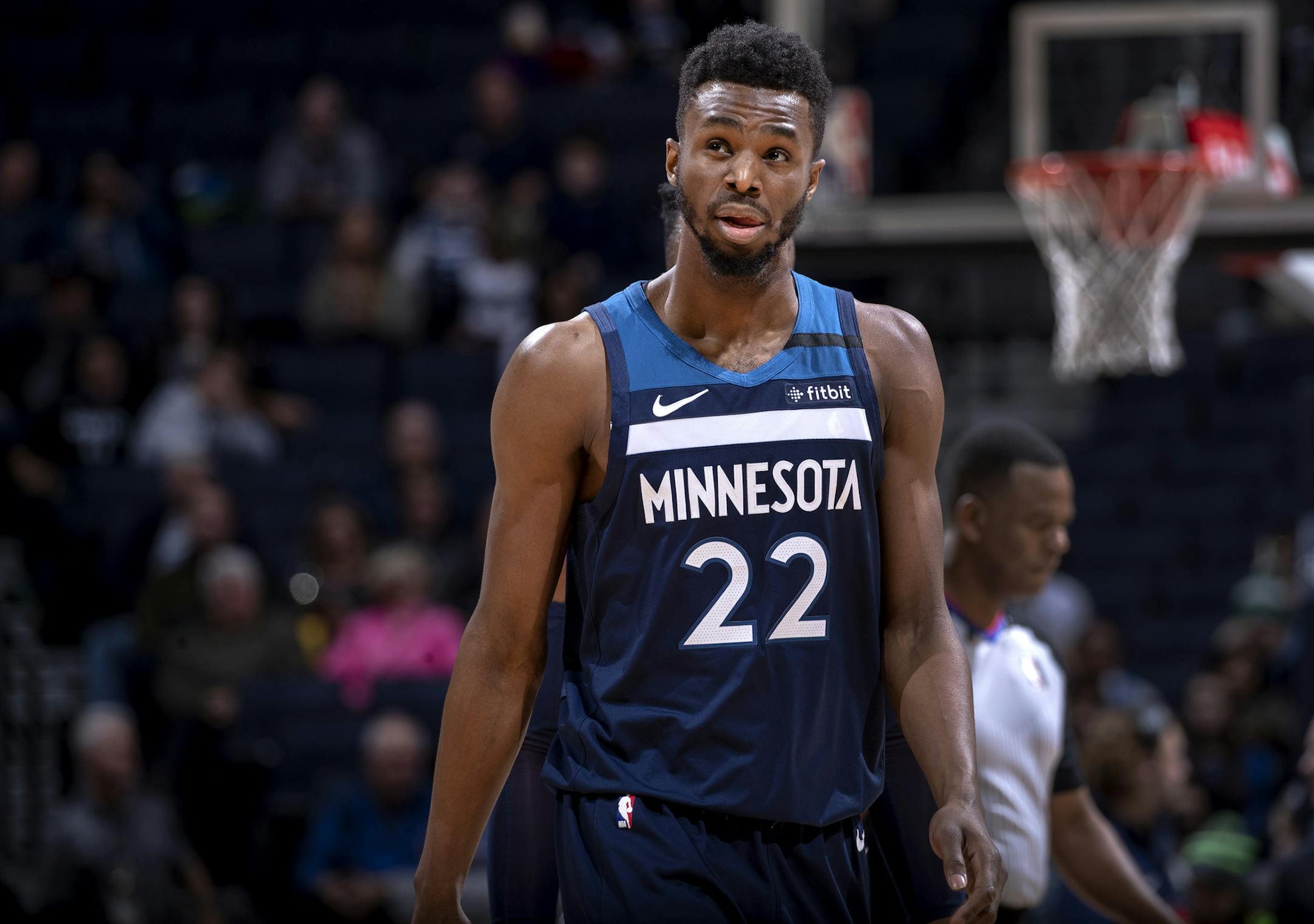 Minnesota Timberwolves Andrew Wiggins (22). ] CARLOS GONZALEZ &#x2022; cgonzalez@startribune.com &#x2013; Minneapolis, MN &#x2013; February 5, 2020, Target Center, NBA, Minnesota Timberwolves vs. Atlanta Hawks